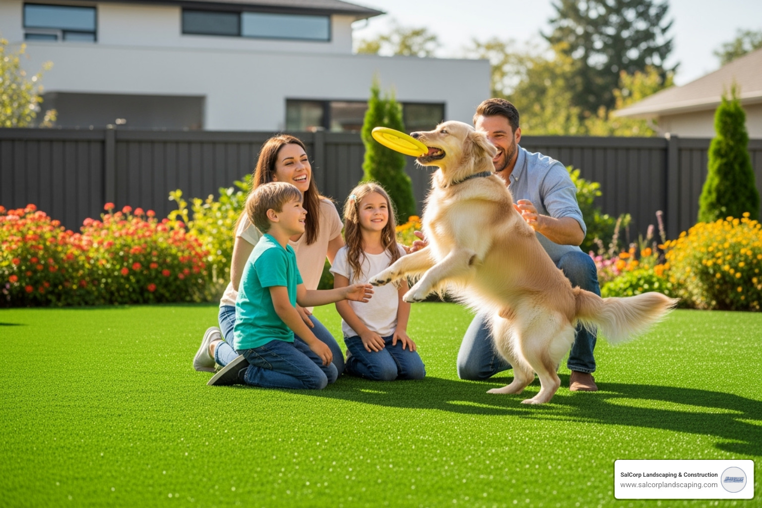 A happy family with children and a dog playing on a vibrant, clean artificial turf lawn. The turf appears lush and well-maintained, highlighting its pet-friendly and durable qualities. - cost to lay artificial turf