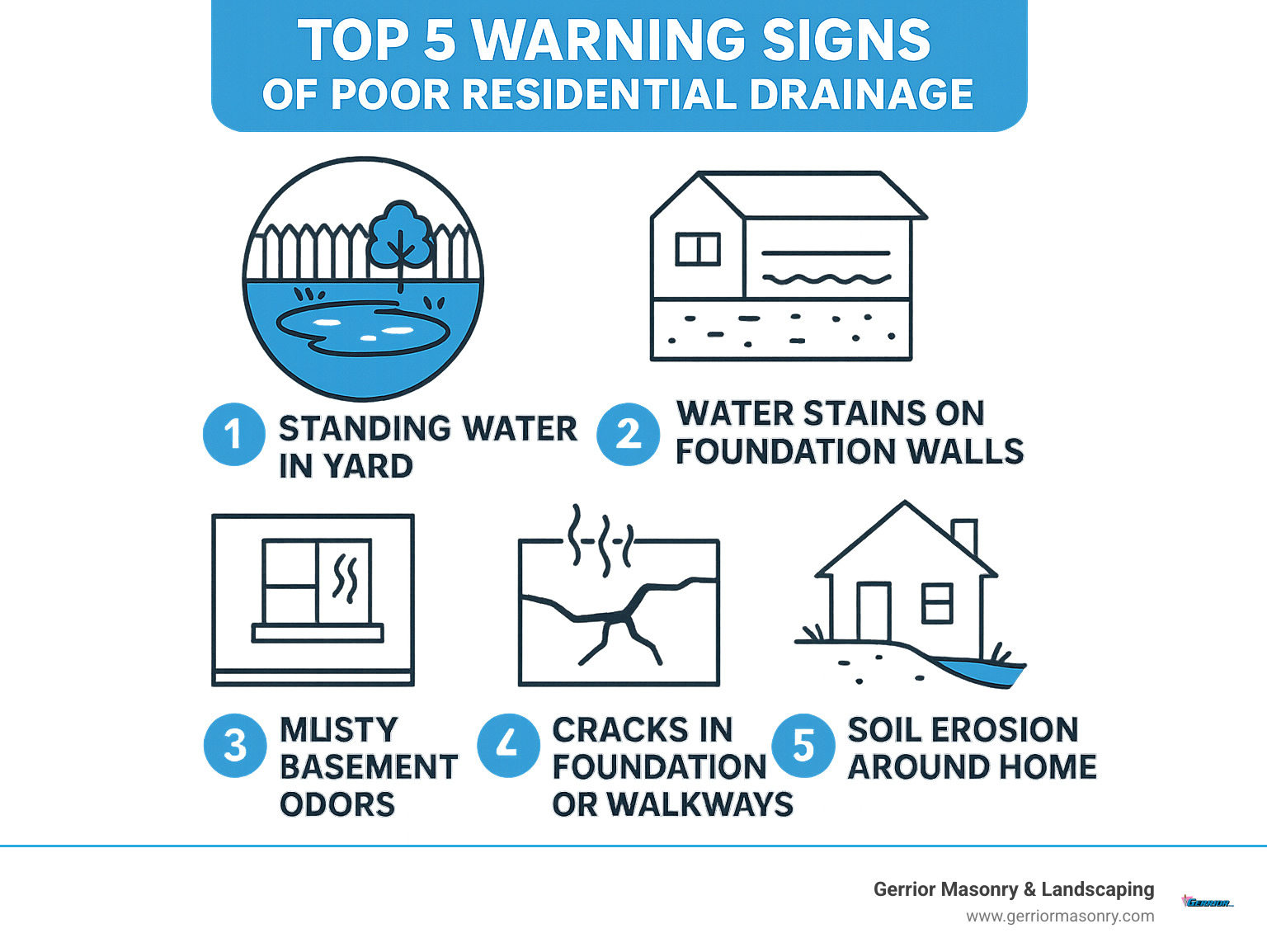 Infographic showing the top 5 warning signs of poor residential drainage: standing water in yard, water stains on foundation walls, musty basement odors, cracks in foundation or walkways, and soil erosion around the home - Residential drainage solutions infographic 
