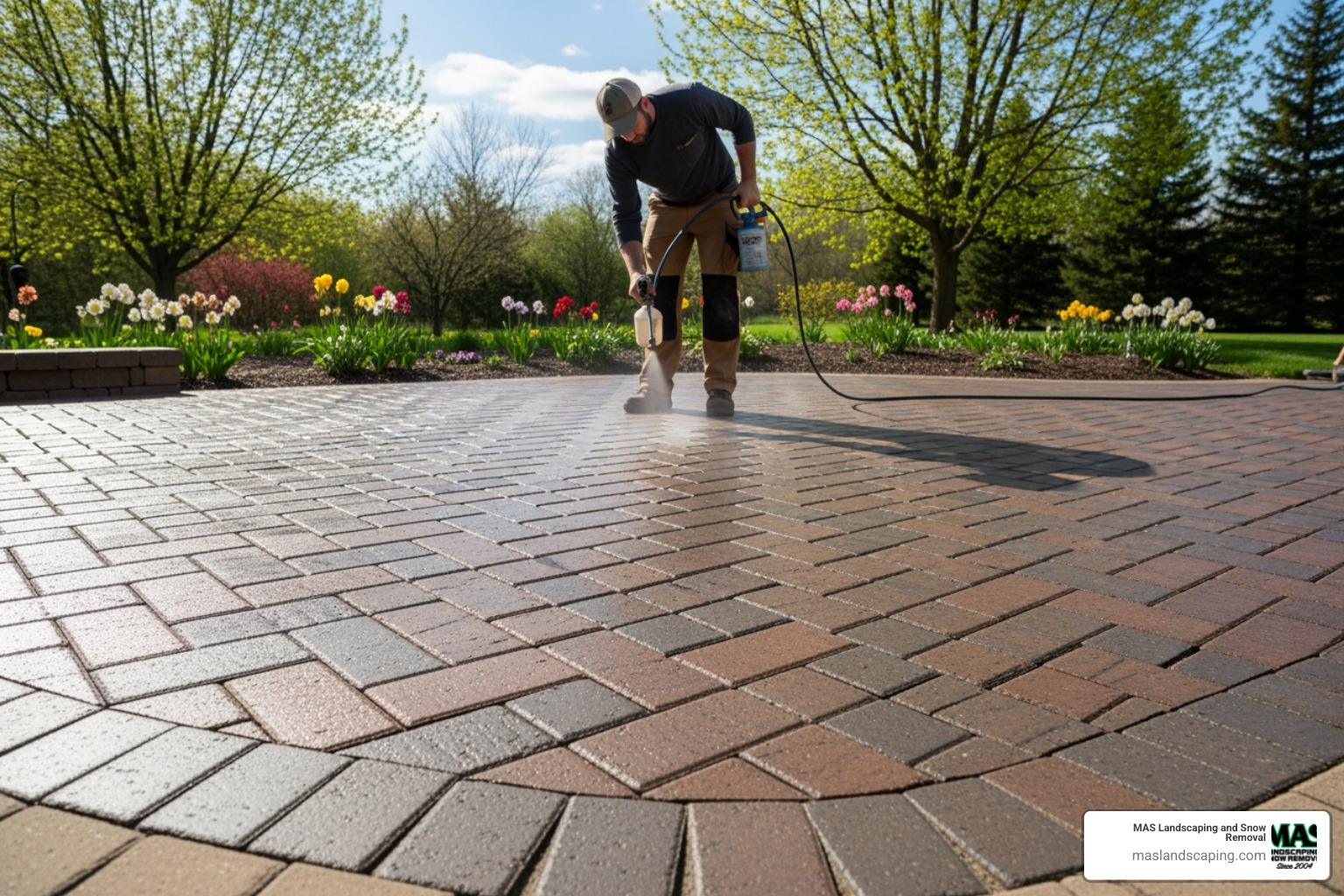 professional applying sealant to a clean paver patio in the spring - hardscape maintenance service