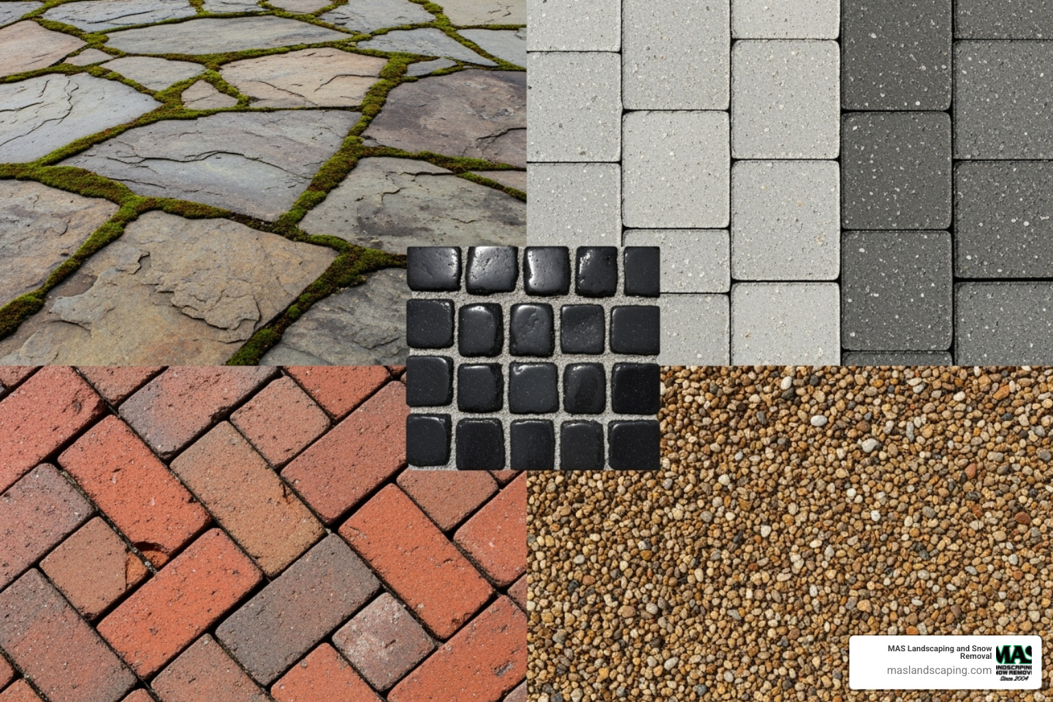 collage of different hardscape materials like natural flagstone, concrete pavers, and classic brick - hardscape maintenance service