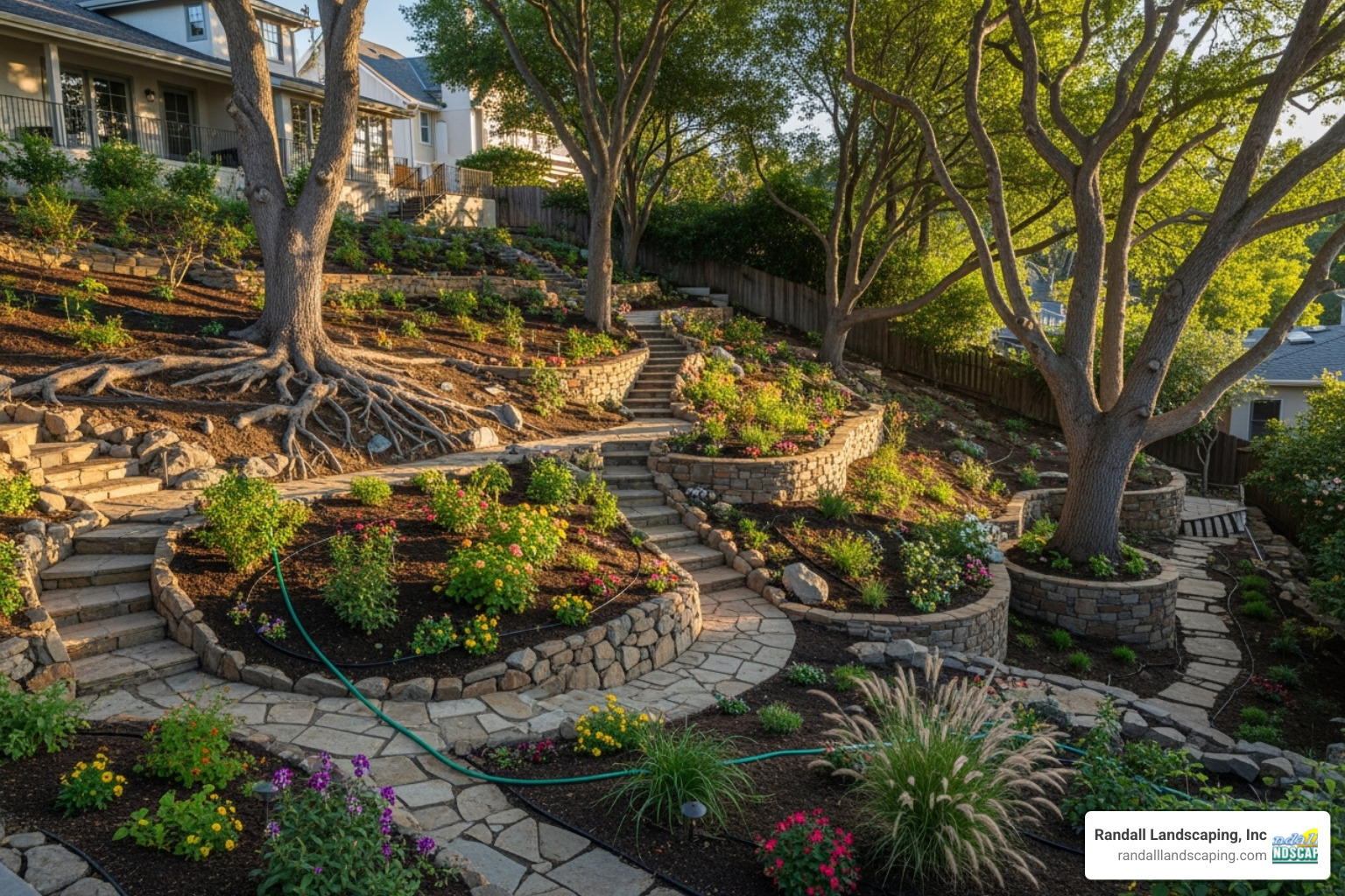 sloped yard with complex garden beds - average cost of inground sprinkler system