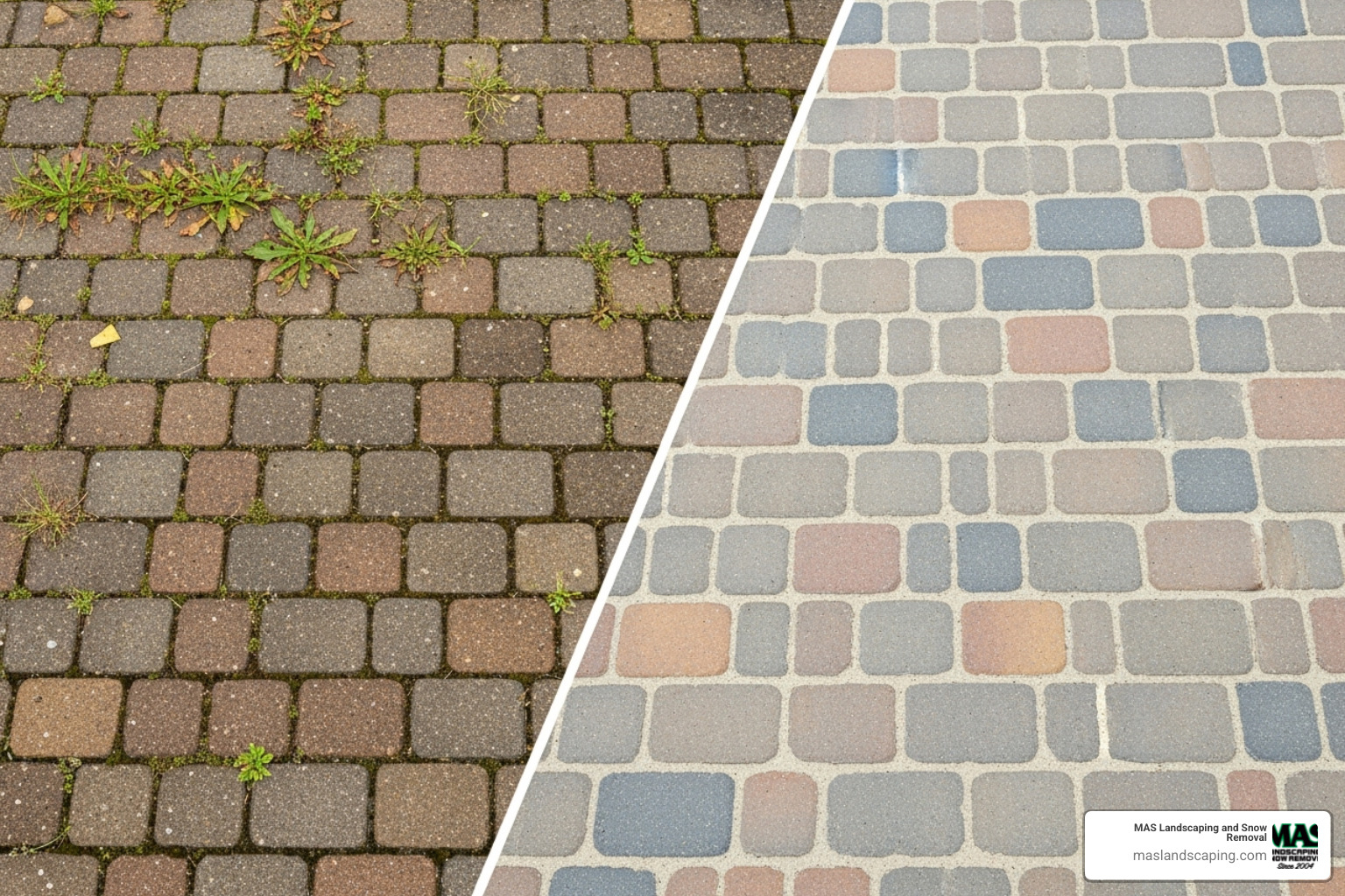 split-screen showing a paver walkway before (weeds, faded) and after (clean, vibrant, re-sanded) professional maintenance - hardscape maintenance service