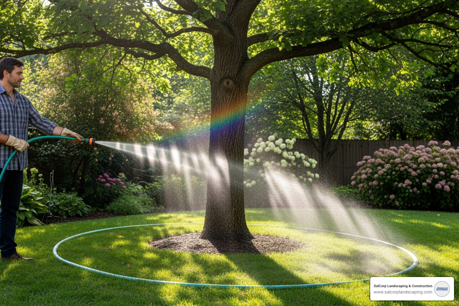 A person using a garden hose to create a perfect circle around a tree - edging and mulching around trees A person using a garden hose to create a perfect circle around a tree - edging and mulching around trees