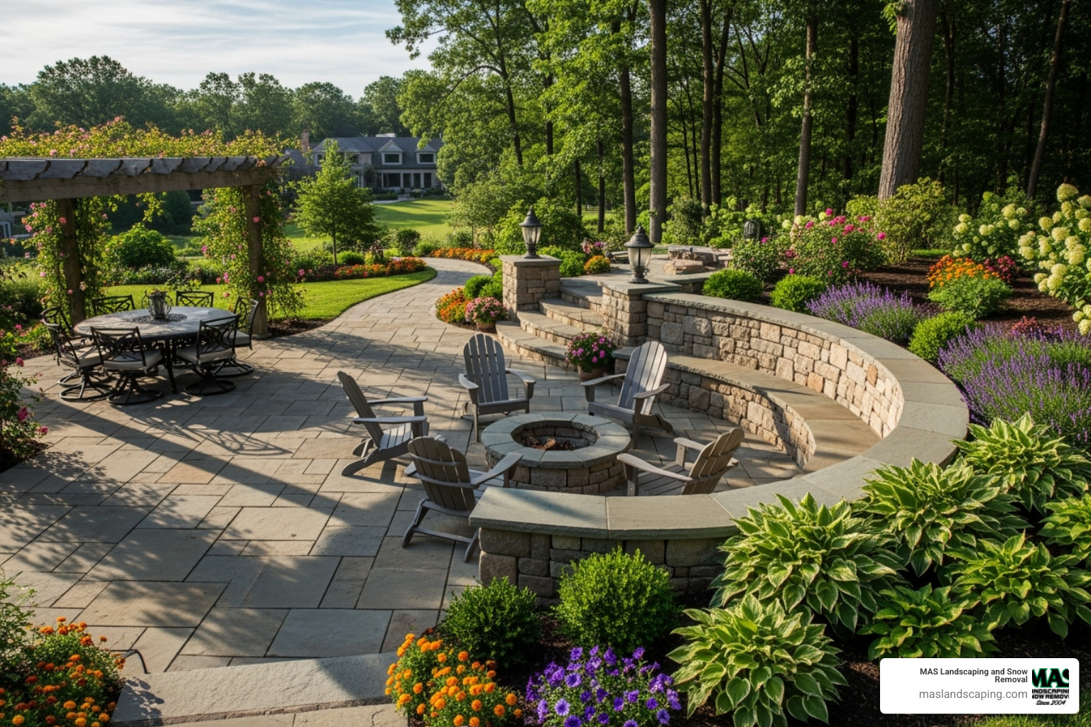 Custom-built stone patio with a retaining wall and walkway - expert landscaping services
