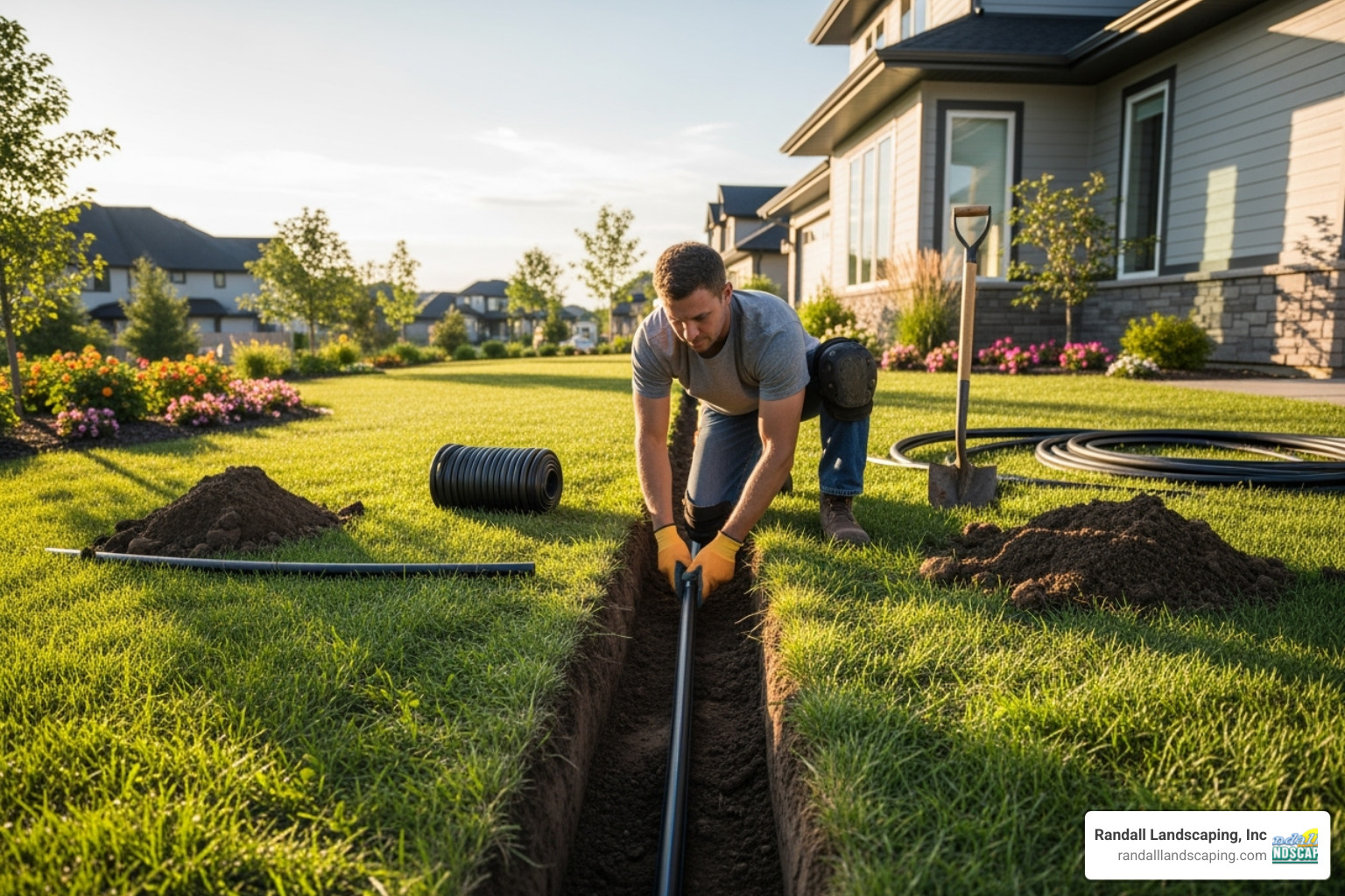 professional landscaper installing sprinkler pipe - inground sprinkler system near me