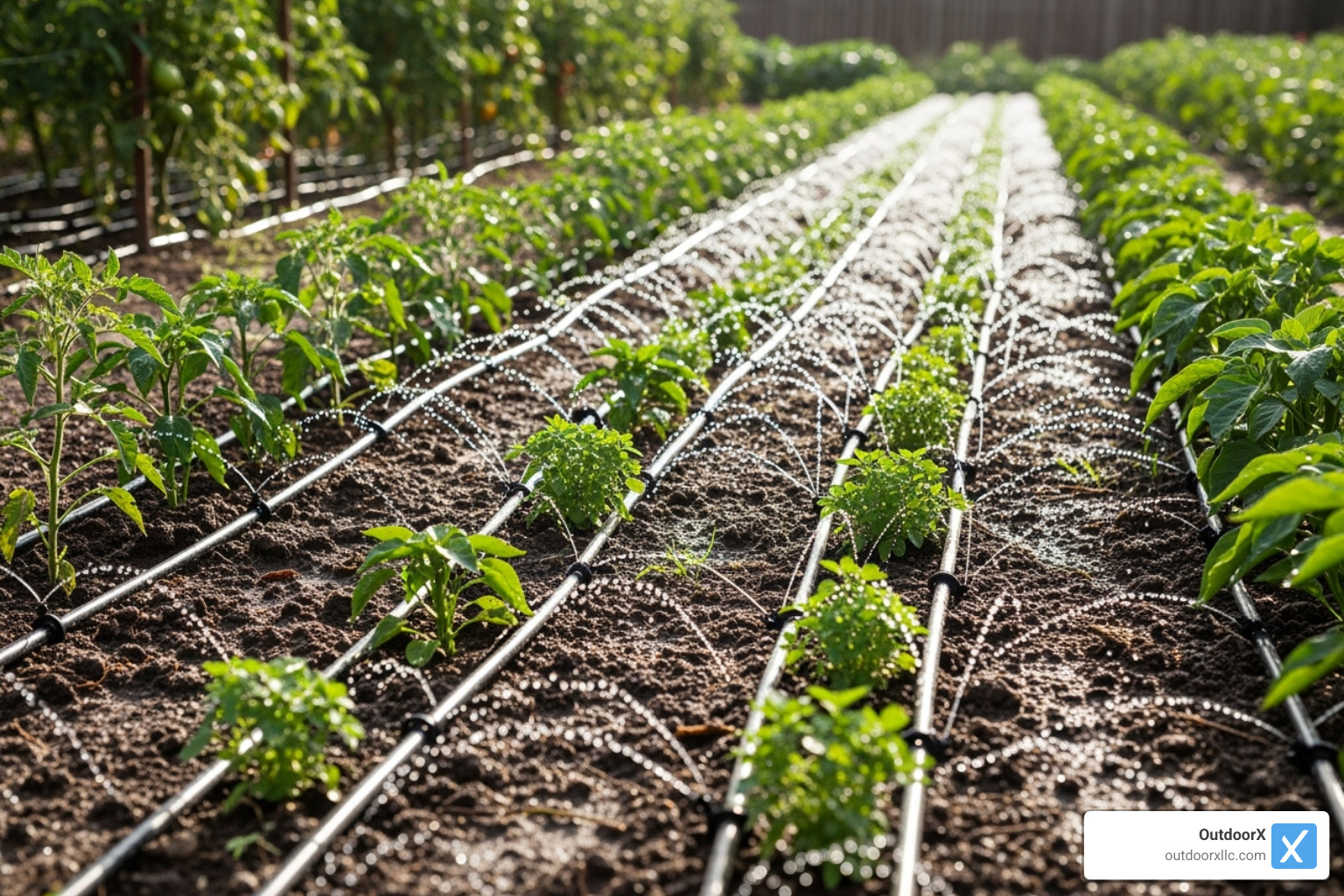 A drip irrigation system delivering water directly to the base of plants, highlighting its efficiency in water delivery. - landscape installation and maintenance