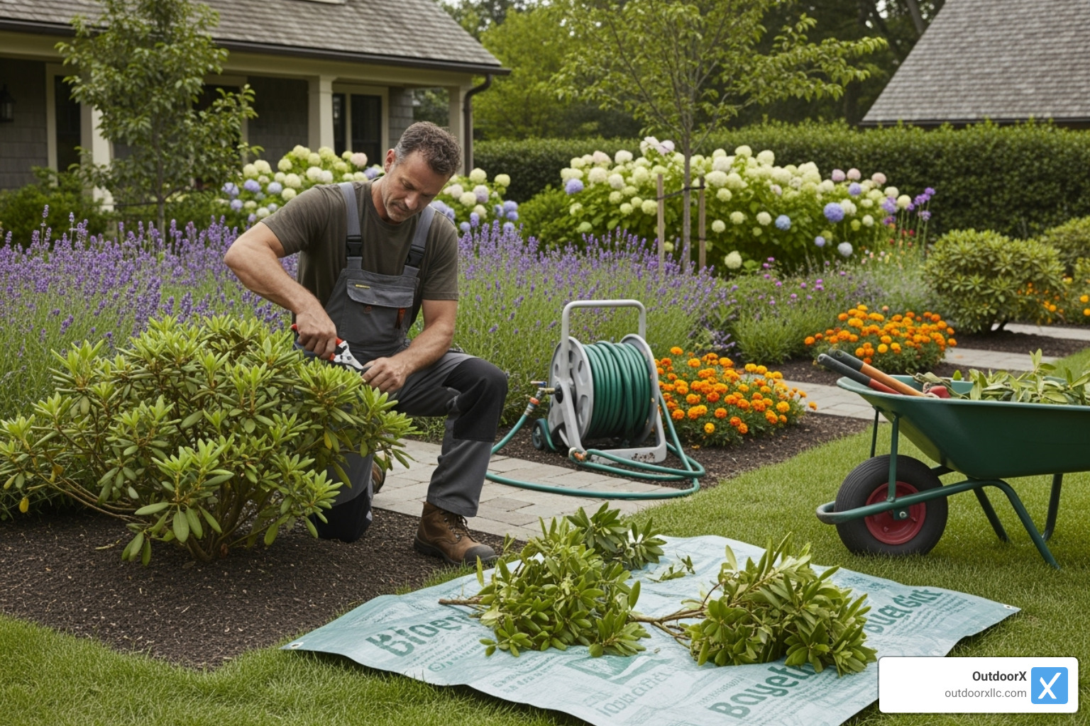 A professional landscaper carefully pruning shrubs and cleaning up a garden bed during a seasonal maintenance visit. - landscape installation and maintenance
