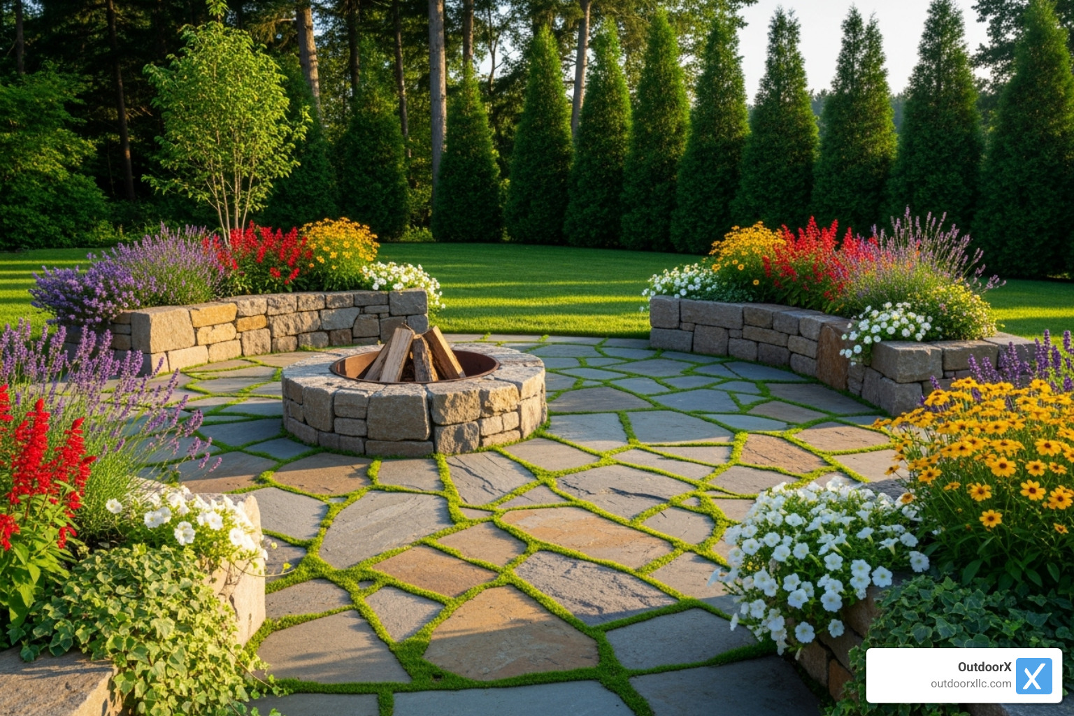 A beautifully crafted stone patio with an integrated fire pit, surrounded by lush green lawn and garden beds, showcasing the harmony between hardscape and softscape elements. - landscape installation and maintenance