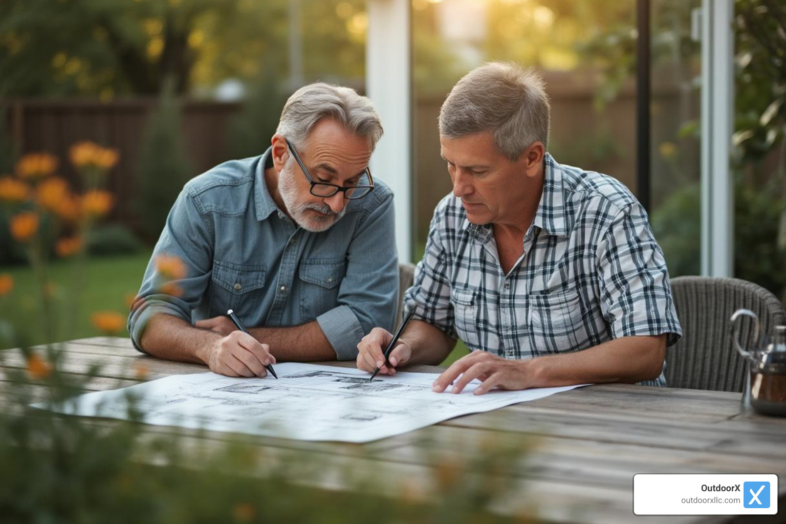 landscape designer collaborating with a homeowner over design plans - landscaping newburyport ma