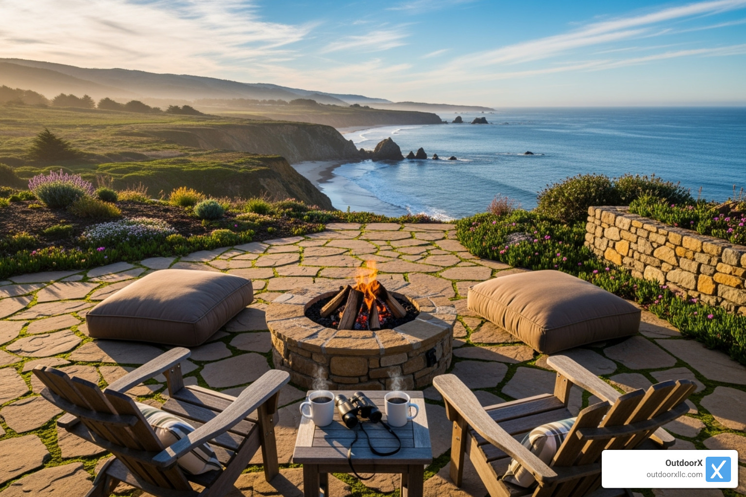 custom stone patio with fire pit overlooking coastal view - landscaping newburyport ma