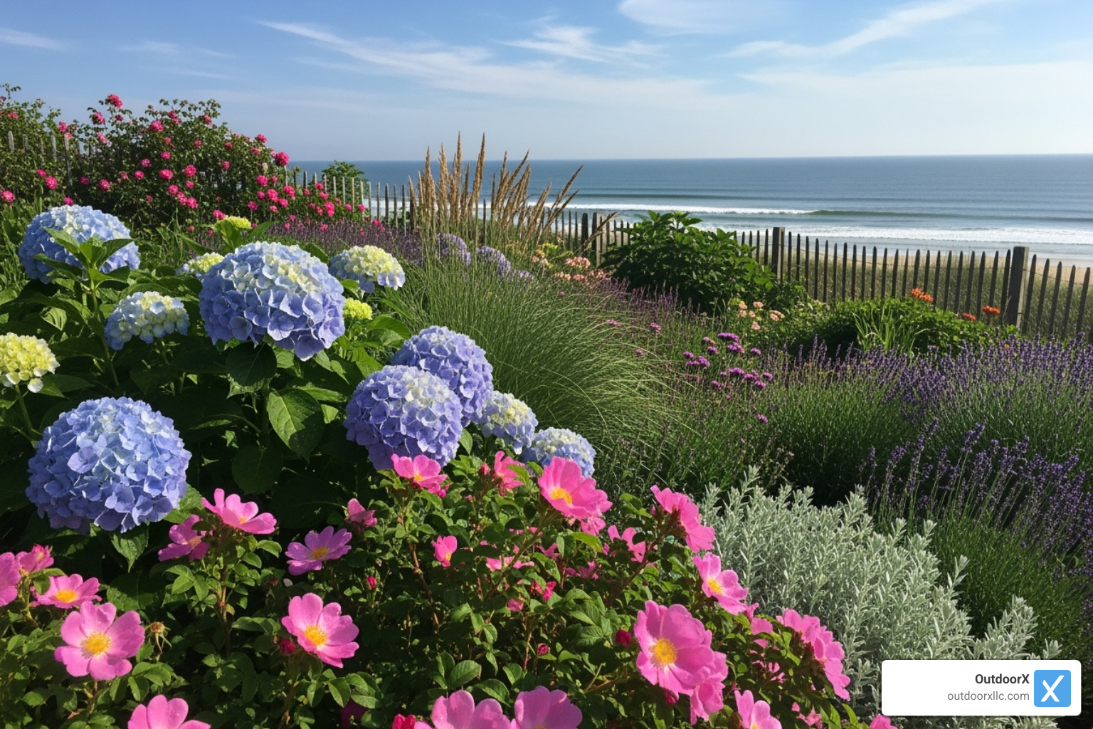 thriving coastal garden with salt-tolerant plants like hydrangeas and beach roses - landscaping newburyport ma