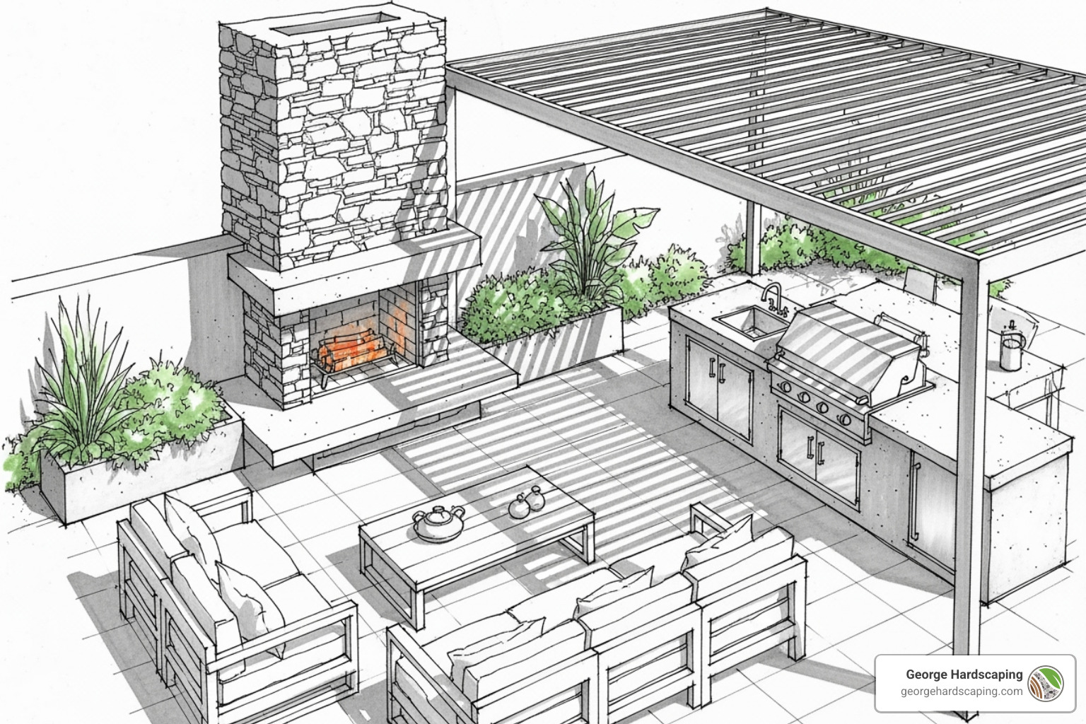 Detailed design sketch of an outdoor living area with a fireplace and kitchen - Outdoor Fireplace Builder Detailed design sketch of an outdoor living area with a fireplace and kitchen - Outdoor Fireplace Builder