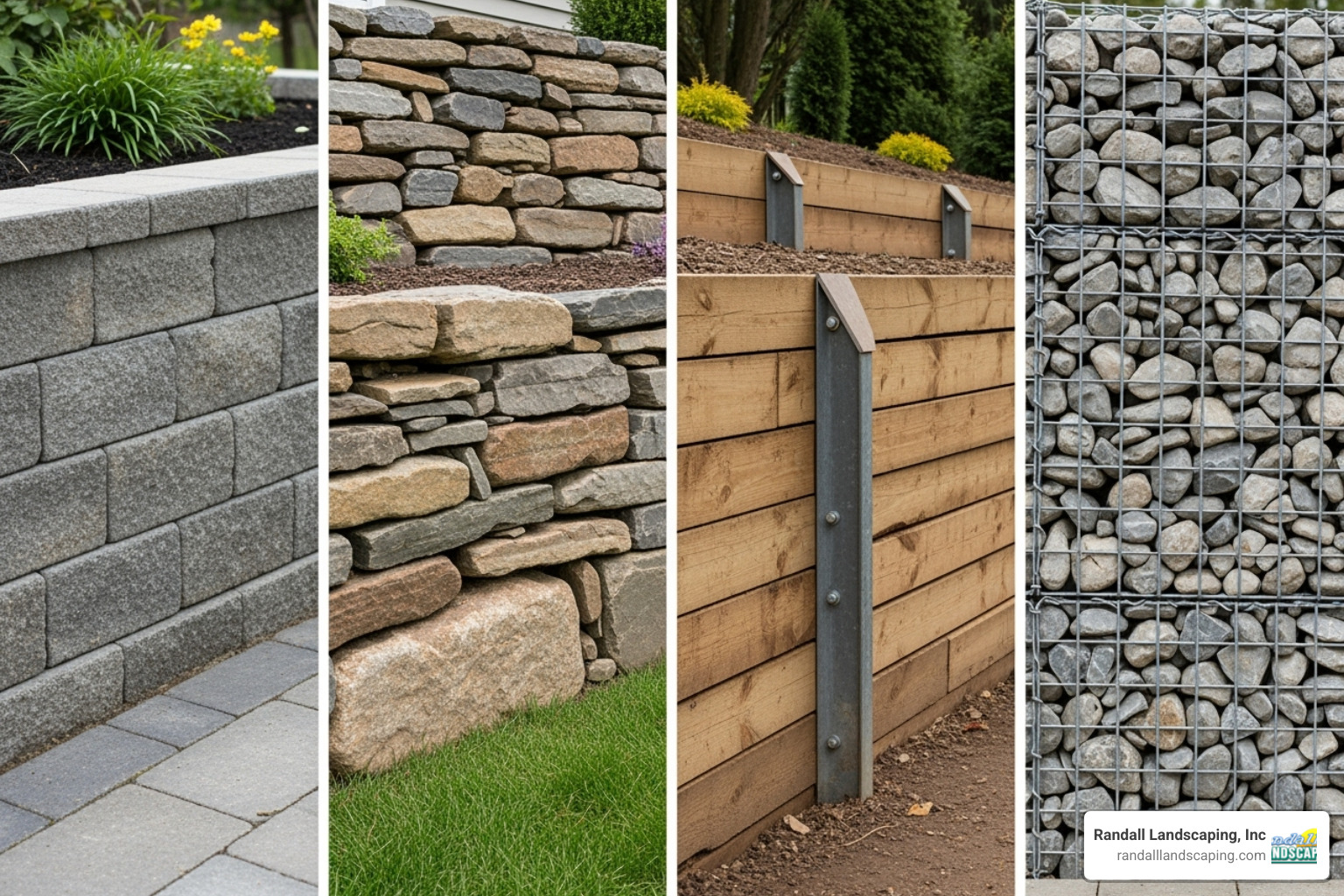 a collage showing different retaining wall materials like concrete blocks, natural stone, and wood - retaining wall construction contractors