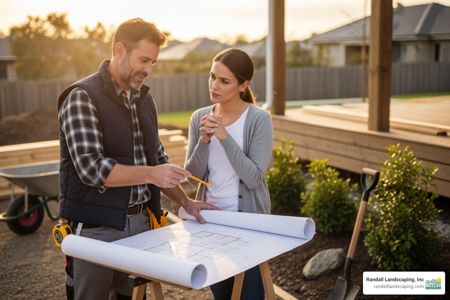 a contractor discussing a blueprint with a client on-site - retaining wall construction contractors