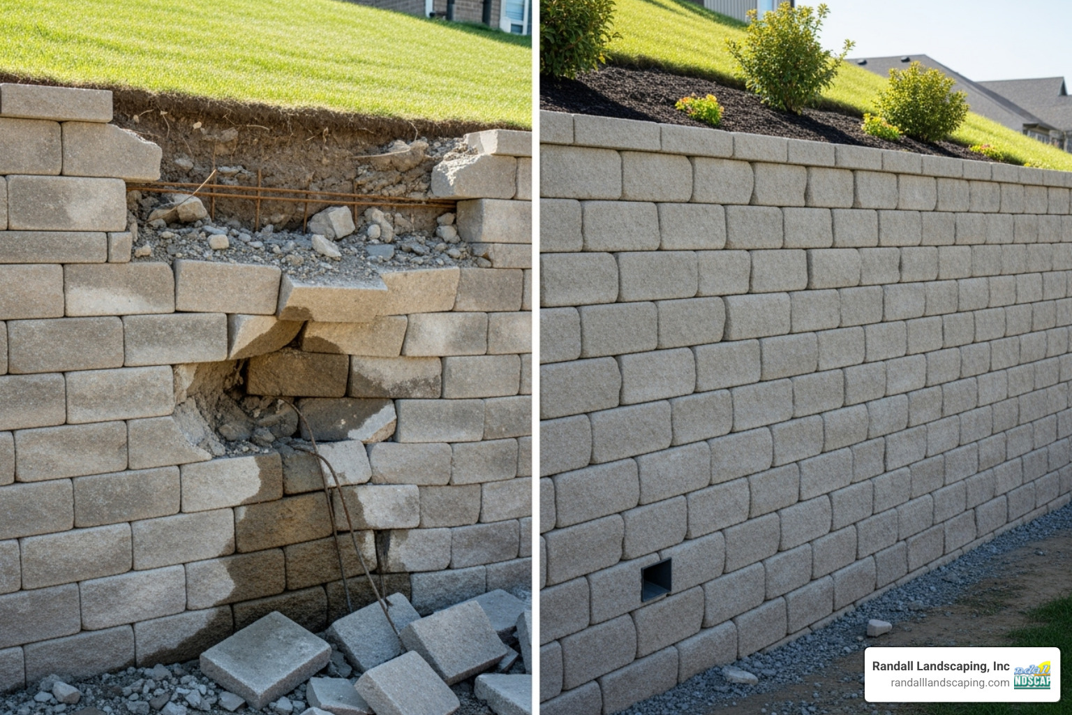 a failing, bulging retaining wall next to a professionally constructed one - retaining wall construction contractors