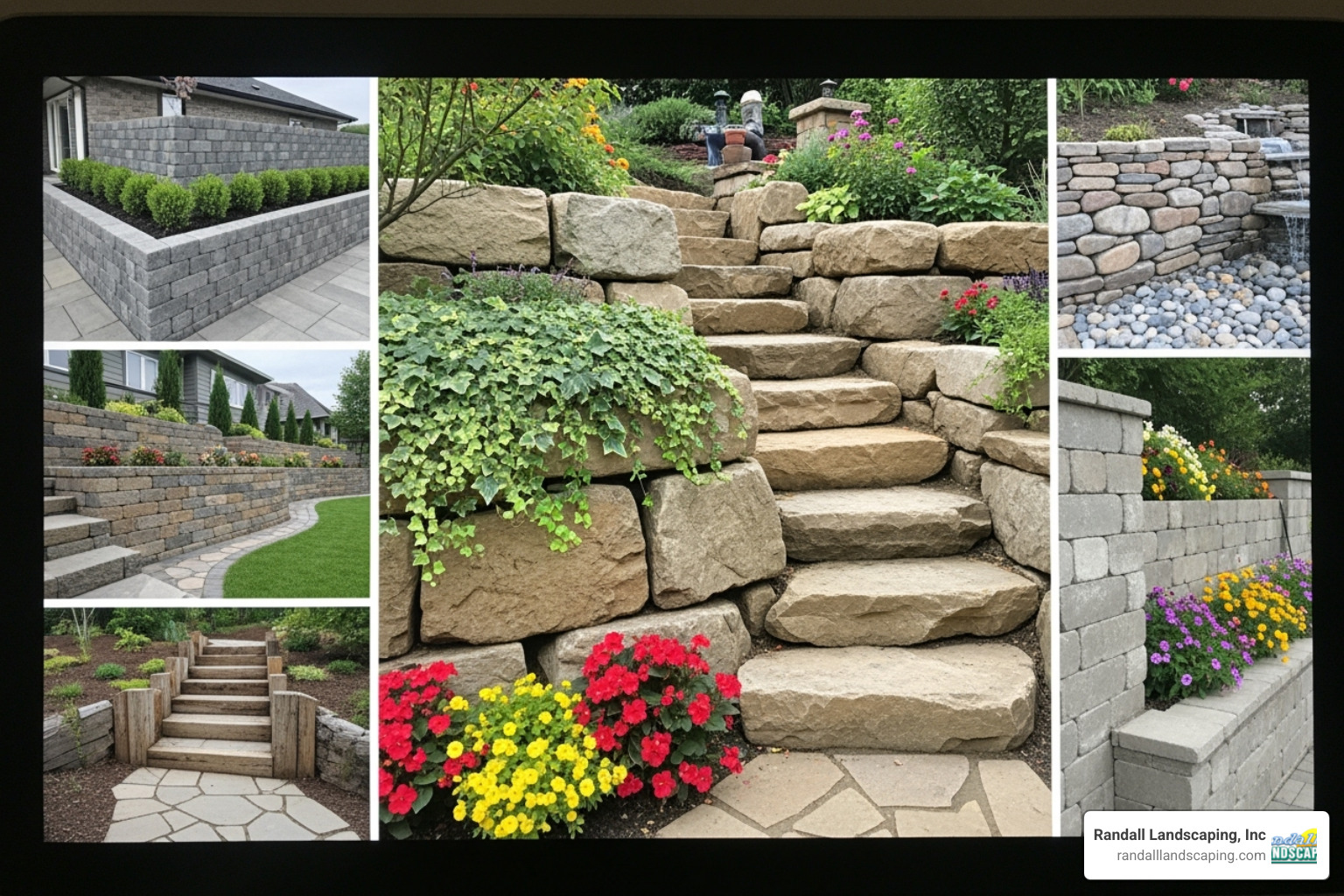 a contractor's portfolio showing various completed retaining wall projects - retaining wall construction contractors