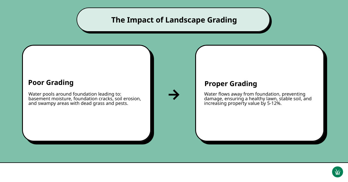 Infographic showing a cross-section comparison of two properties: left side shows improper grading with water pooling around house foundation, basement moisture, and dead grass areas; right side shows proper grading with water flowing away from foundation, healthy lawn, and stable soil conditions - landscape grading services near me infographic cause_effect_text