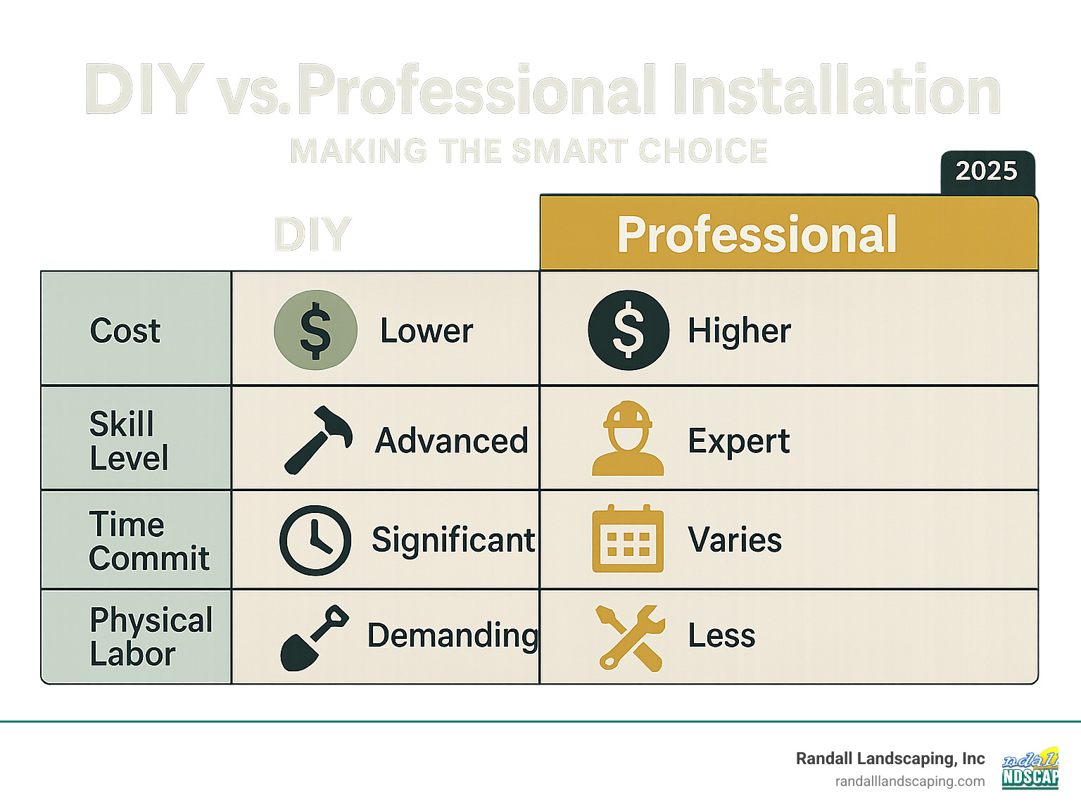 comparison table of DIY vs. professional installation - inground sprinkler system near me infographic 