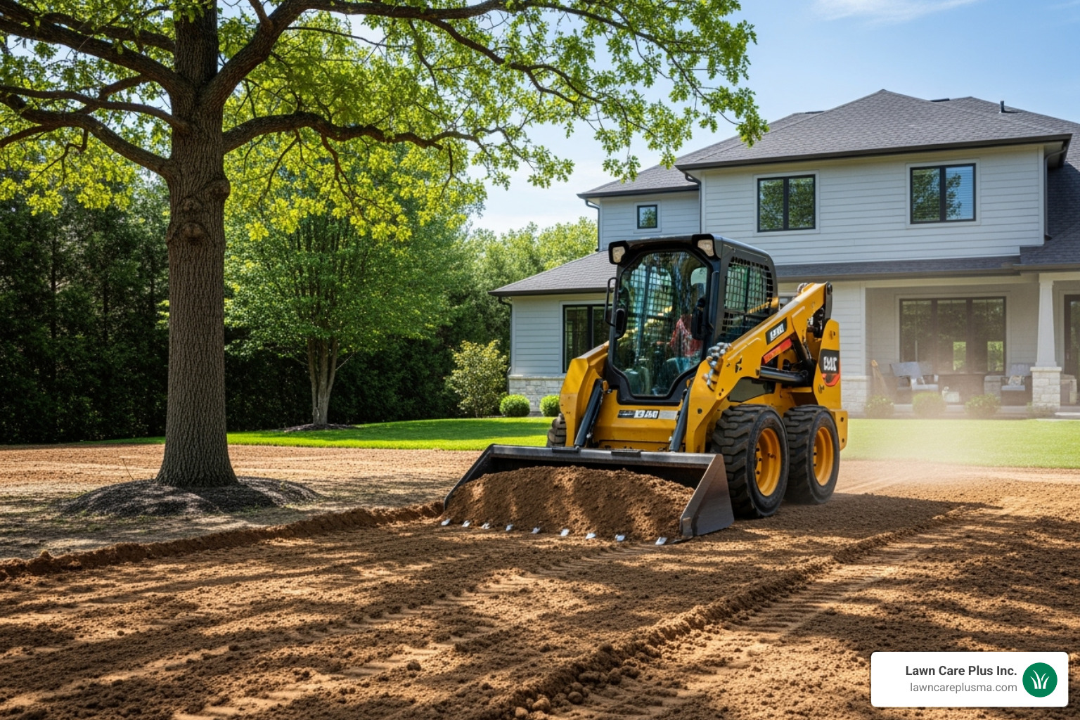 Image of heavy equipment like a a skid-steer carefully sculpting the land on a residential property. - landscape grading services near me