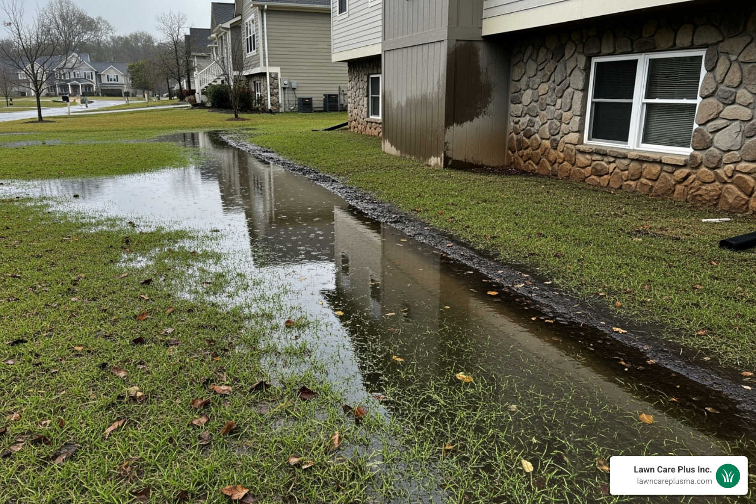 Image of a yard with pooling water and soggy patches of grass near a house foundation. - landscape grading services near me