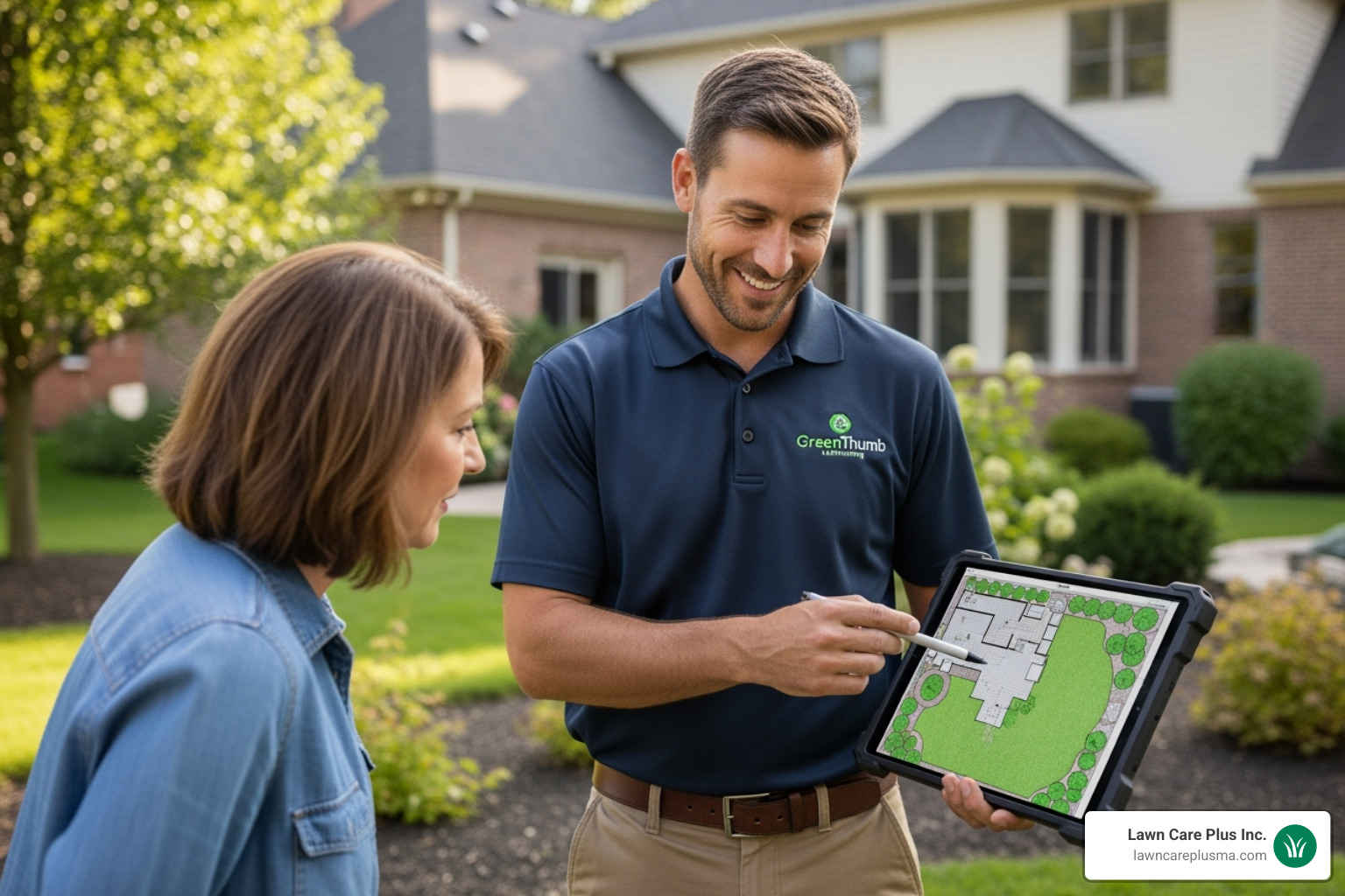Image of a friendly, professional contractor discussing plans with a homeowner in their yard. - landscape grading services near me