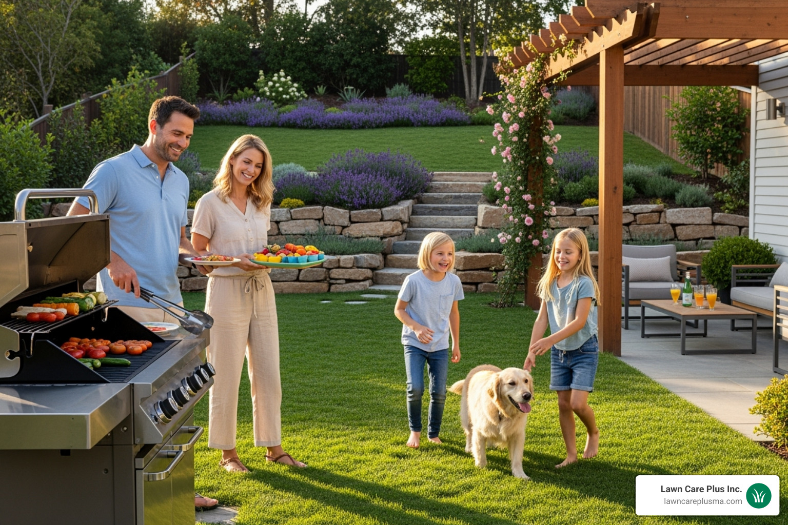 Image of a family enjoying a functional, beautiful backyard space that was previously a steep, unusable slope. - landscape grading services near me