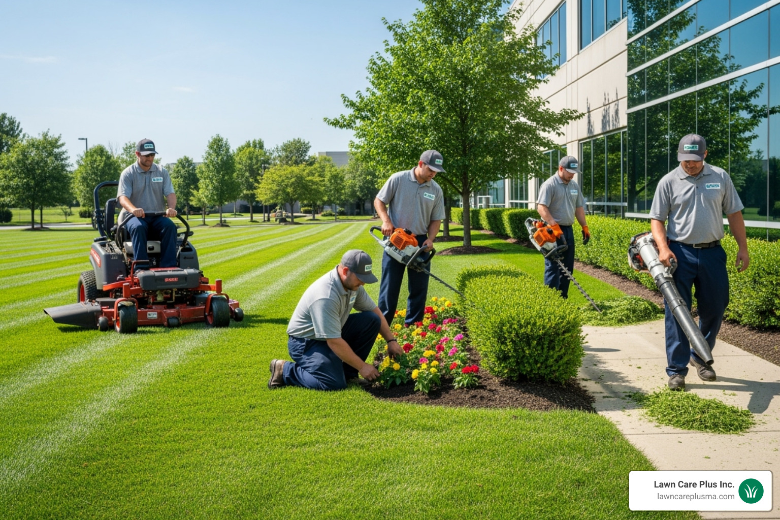 uniformed Lawn Care Plus Inc. landscaping crew working together on a large commercial lawn - commercial landscape companies near me