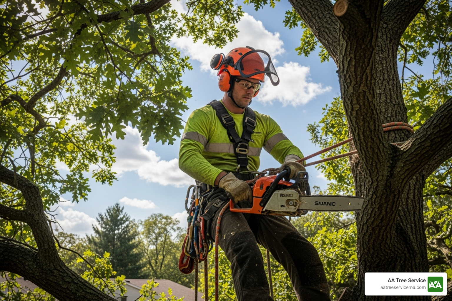 Certified arborist safely harnessed in a tree - Professional tree pruning services