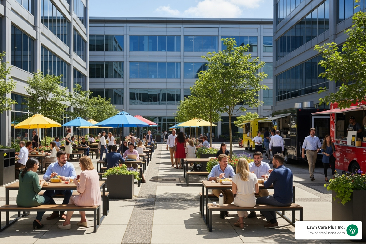 vibrant commercial courtyard with employees enjoying their lunch break - commercial landscape companies near me