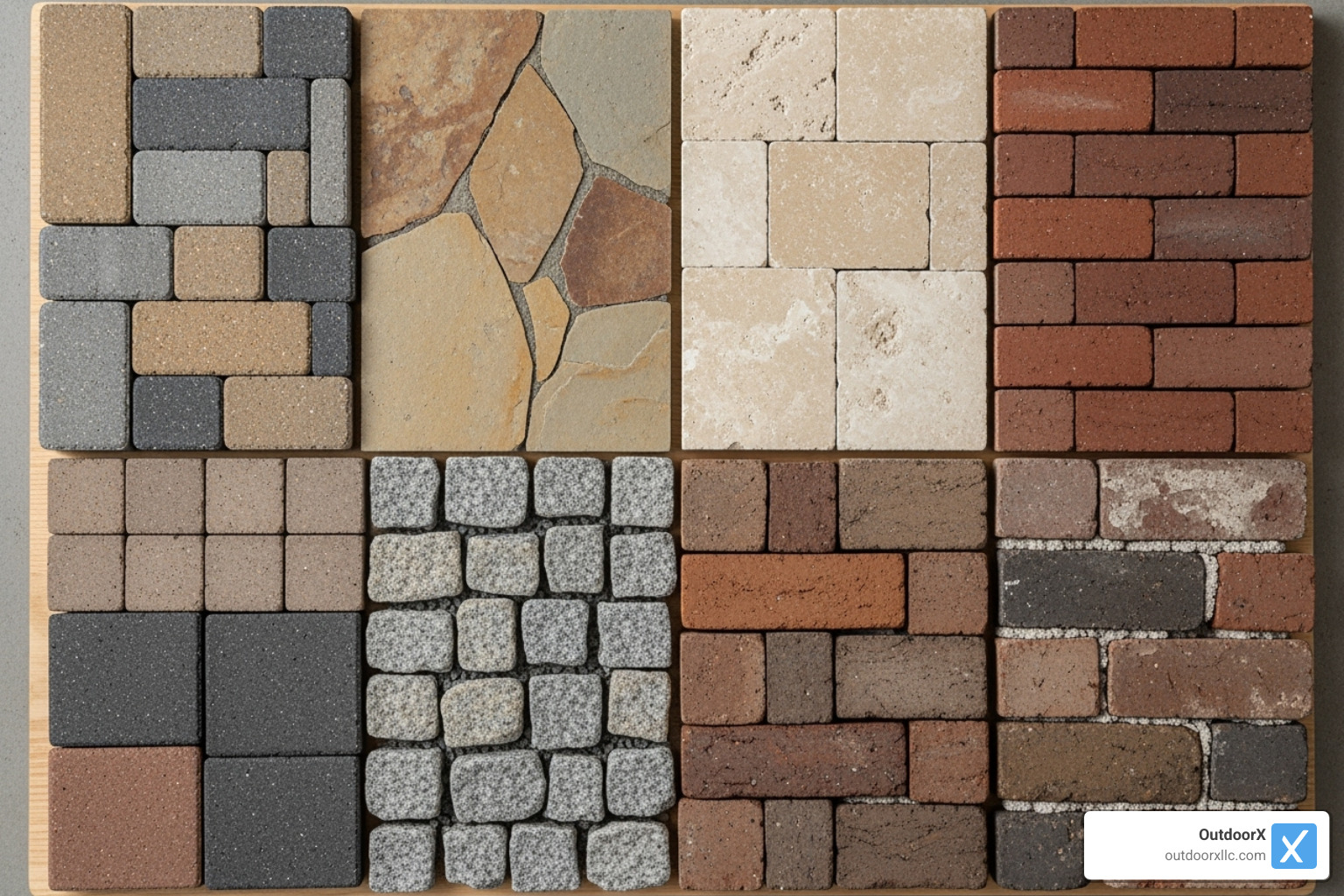 material swatch showing different pavers, natural stone, and brick - patio installation salem ma