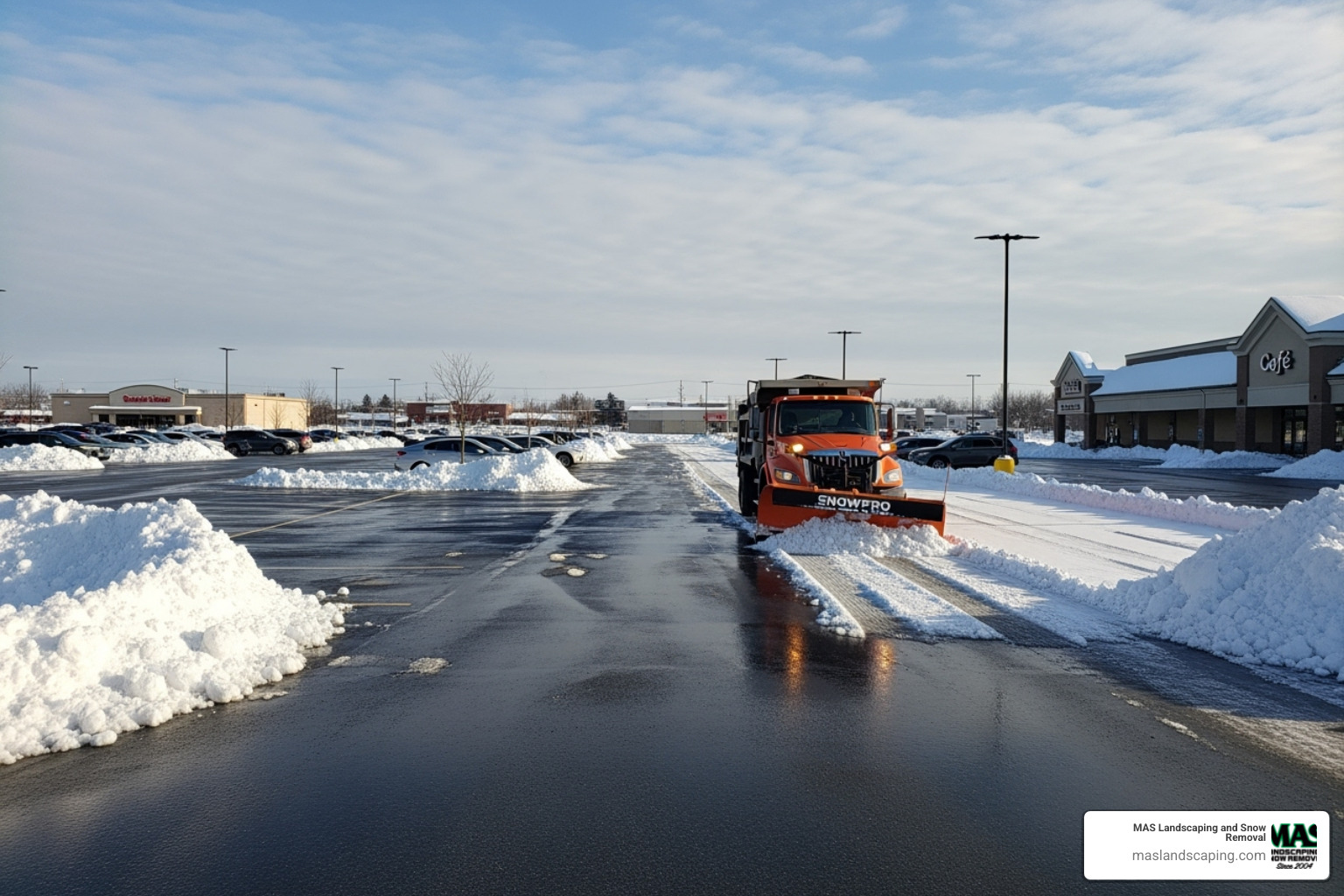 A commercial parking lot being professionally plowed after a snowstorm, with clear lanes and organized snow piles - landscaping maintenance services