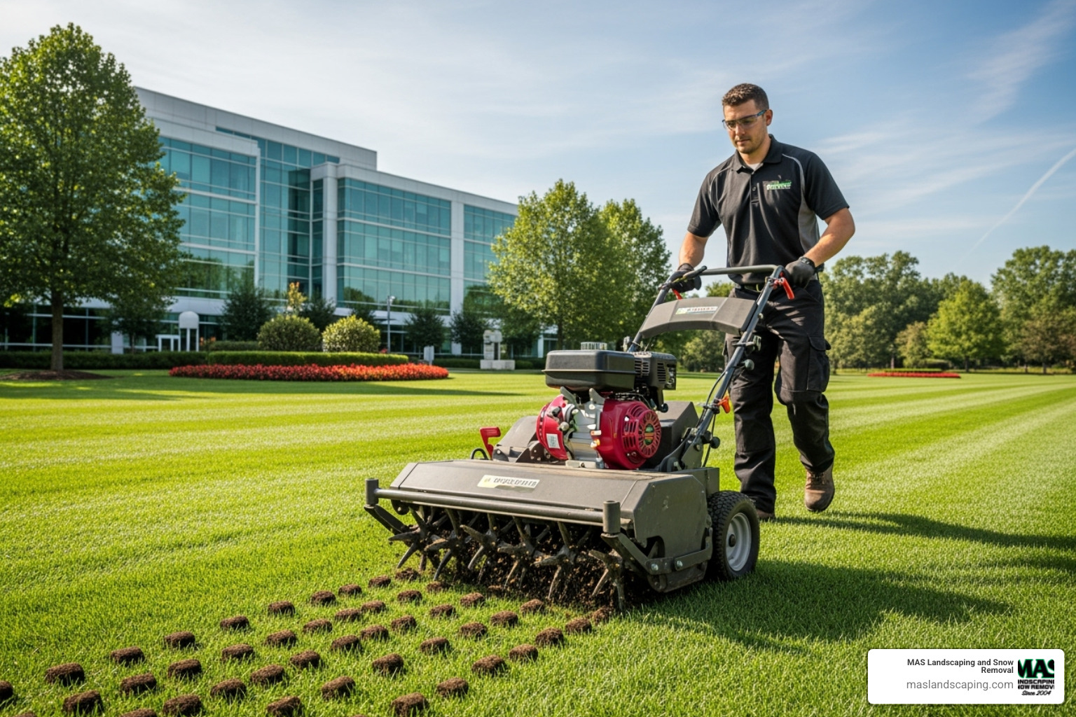 A professional landscaper aerating a large commercial lawn with specialized equipment - landscaping maintenance services