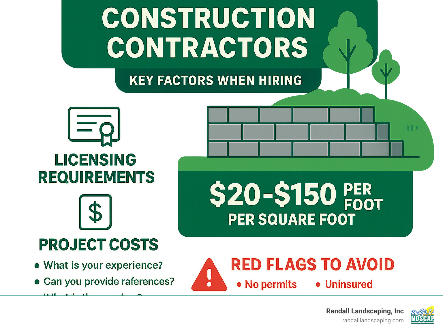 Comprehensive guide showing the key factors when hiring retaining wall construction contractors including licensing requirements, typical project costs ranging from $20-150 per square foot, essential questions to ask during consultation, and red flags to avoid such as lack of permits or insurance - retaining wall construction contractors infographic 