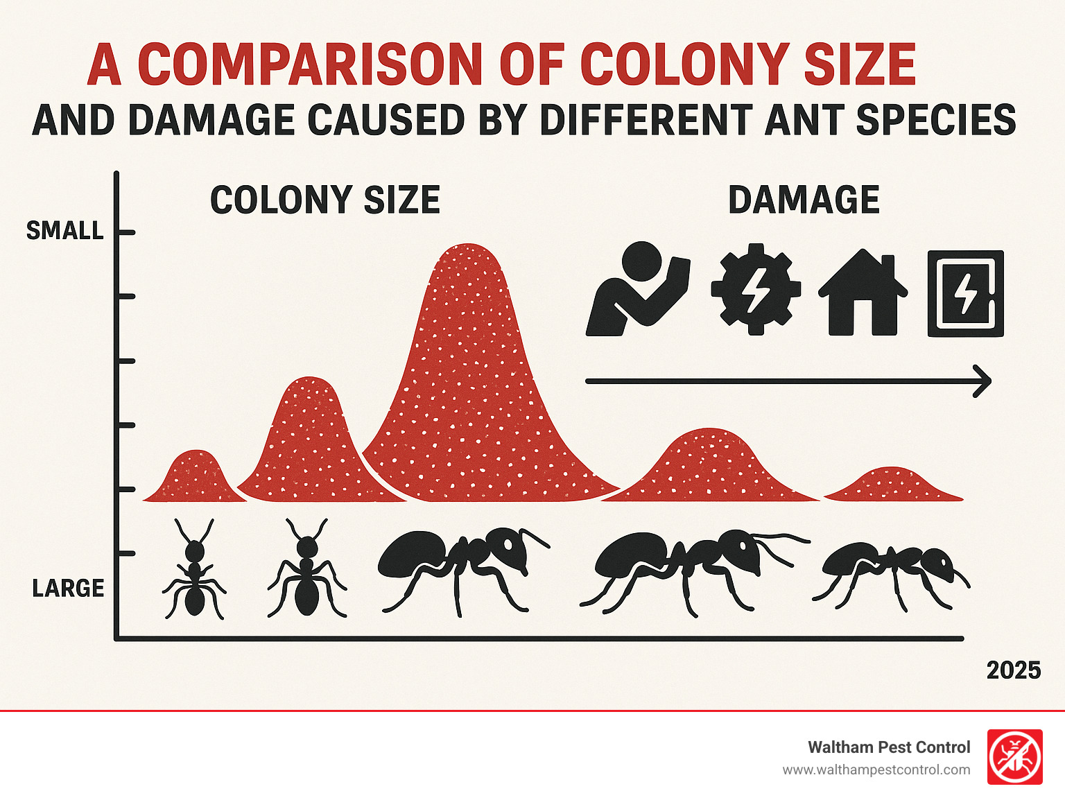 a comparison of colony size and damage caused by different ant species - red ants in house infographic 