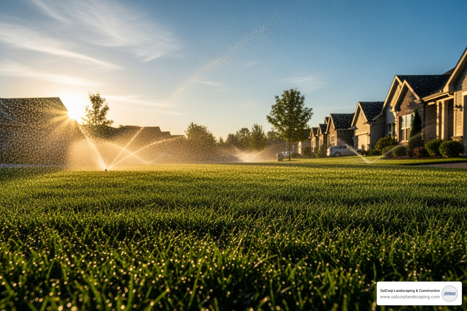 sprinkler system evenly watering a newly installed sod lawn at sunrise - sod installation companies near me