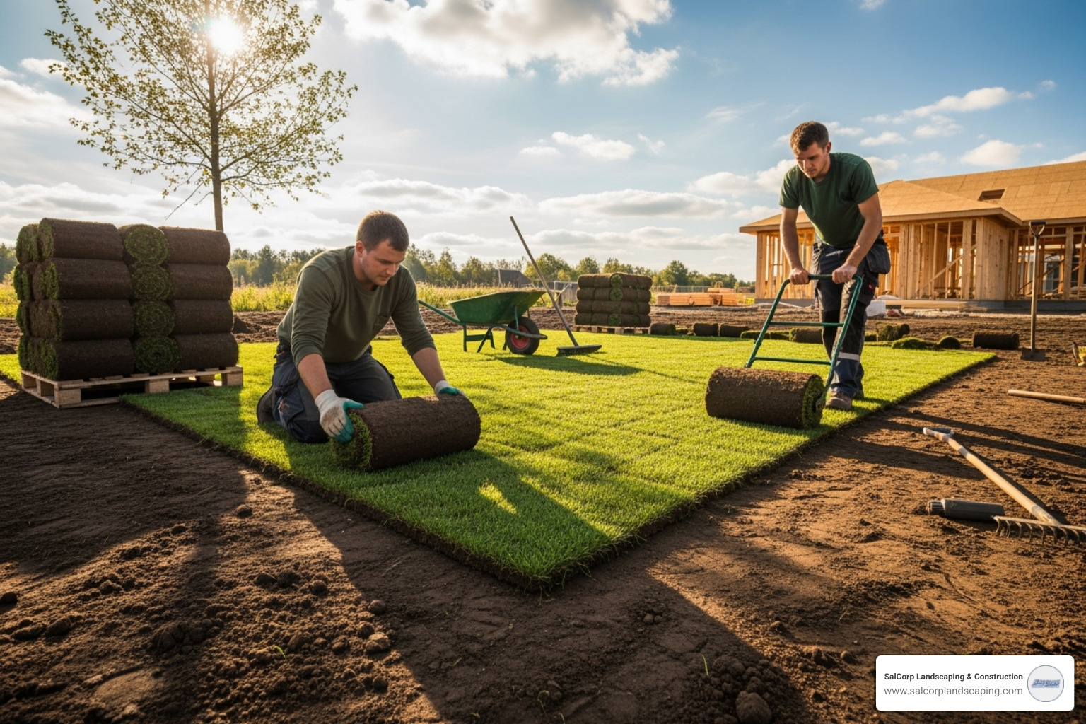 landscape professionals carefully laying sod rolls in a staggered, brick-like pattern - sod installation companies near me