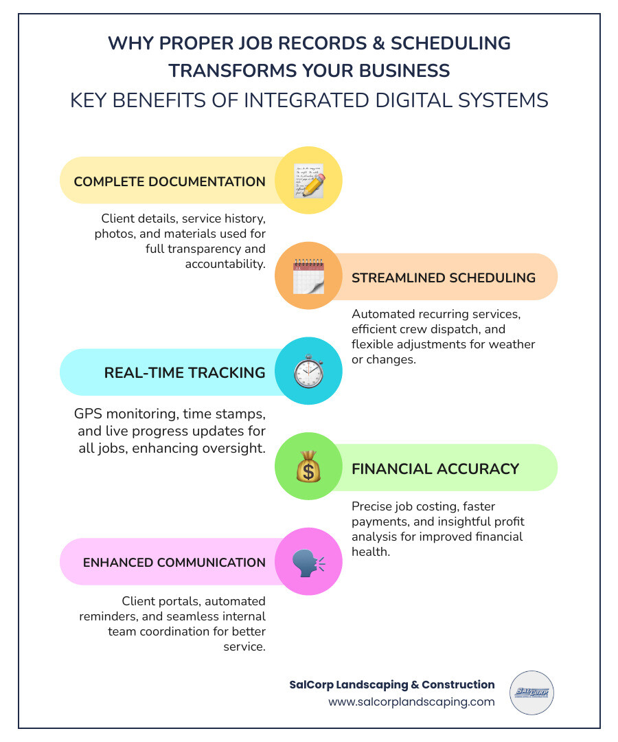 Comprehensive workflow diagram showing the complete landscape maintenance job record and scheduling process from initial client contact through service completion, including scheduling optimization, crew dispatch, real-time job tracking, quality documentation, and automated invoicing - landscape maintenance job record and scheduling infographic infographic-line-5-steps-colors