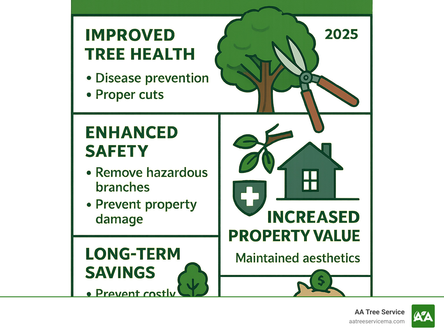 Infographic showing the benefits of professional tree pruning including improved tree health through disease prevention and proper cuts, improved safety by removing hazardous branches and preventing property damage, increased property value through maintained aesthetics, and long-term savings by preventing costly tree removal - Professional tree pruning services infographic 