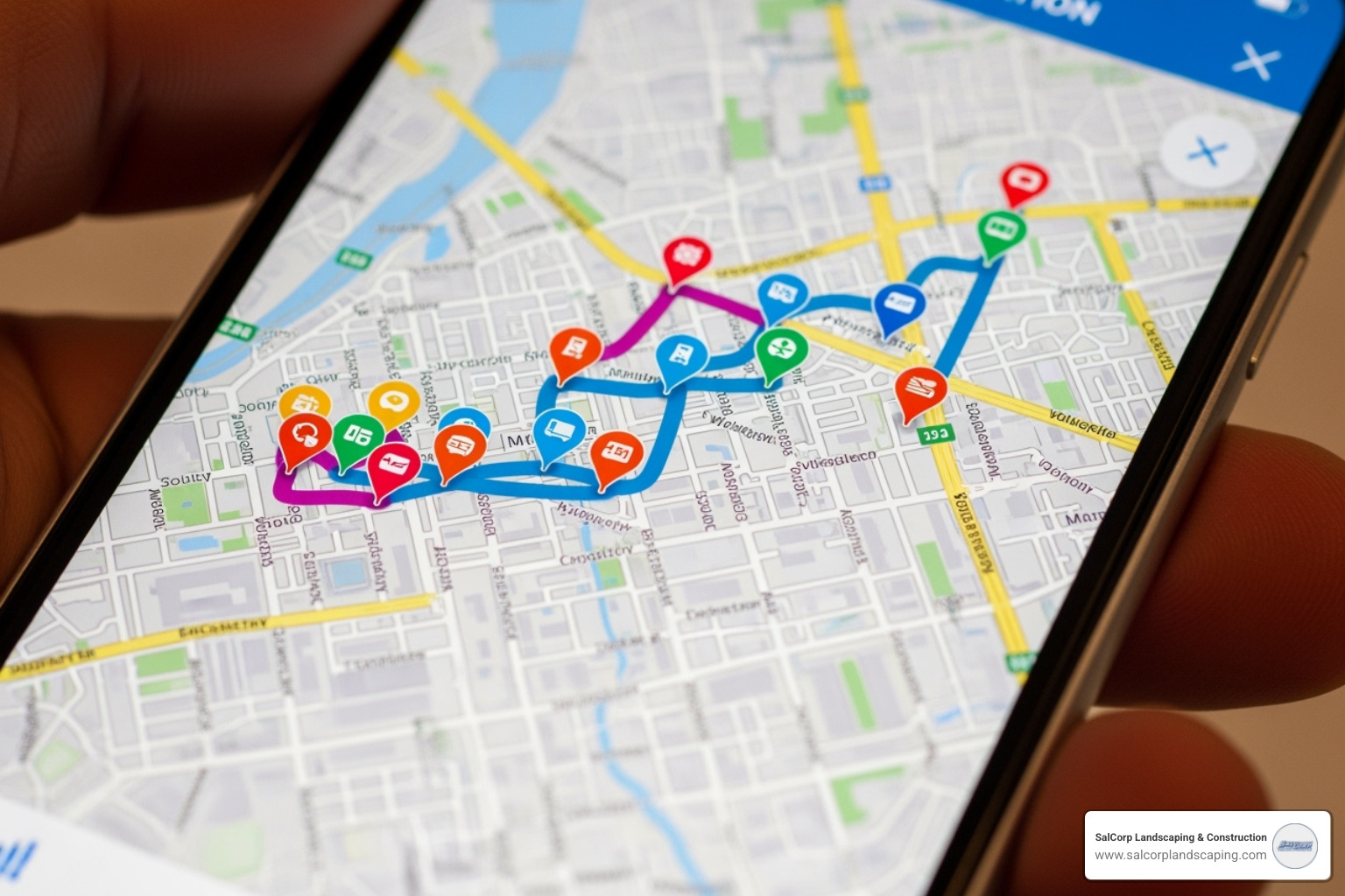Smartphone displaying a route optimization map with multiple job pins - landscape maintenance job record and scheduling