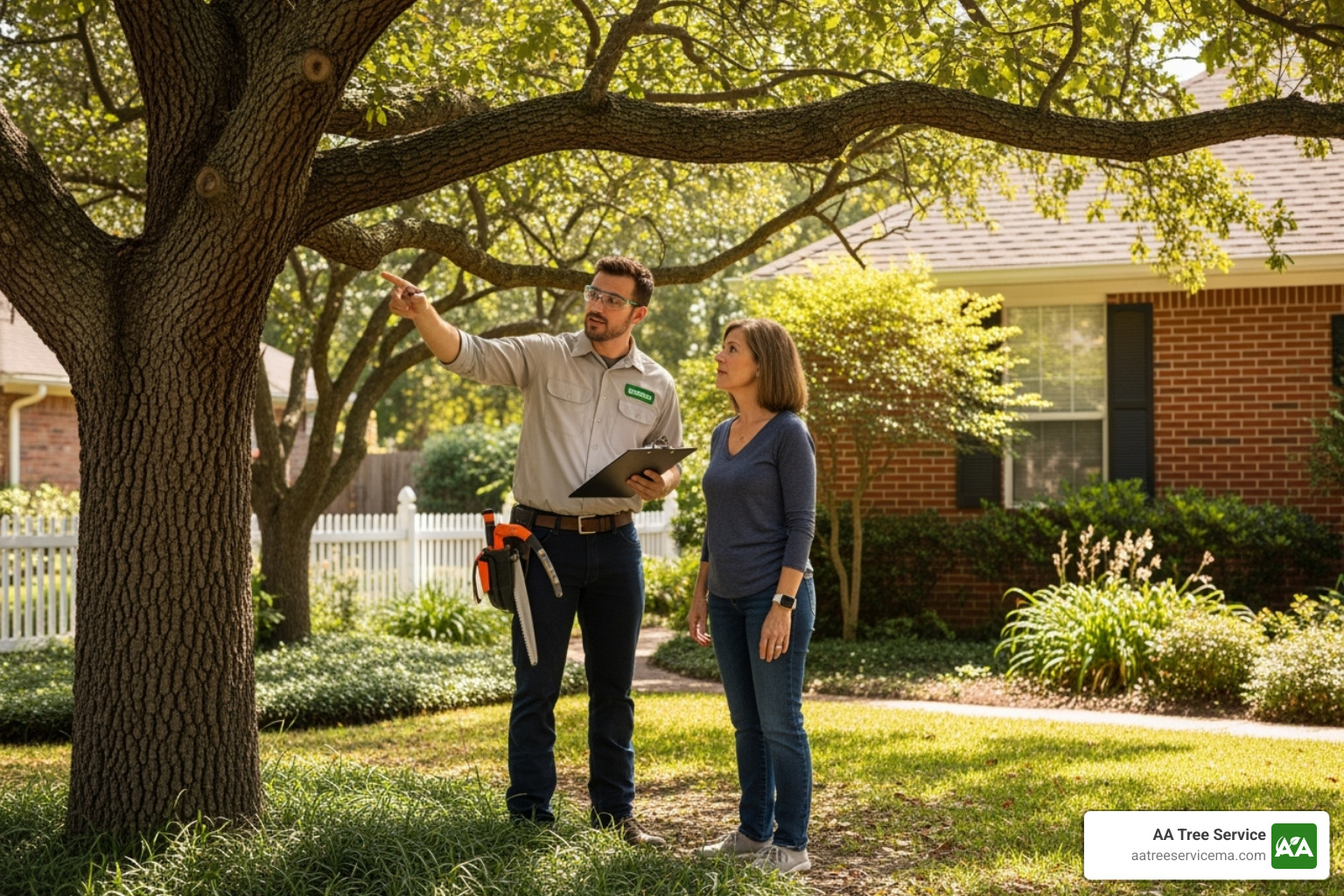 Friendly arborist consulting with homeowner - bamboo removal service Friendly arborist consulting with homeowner - bamboo removal service