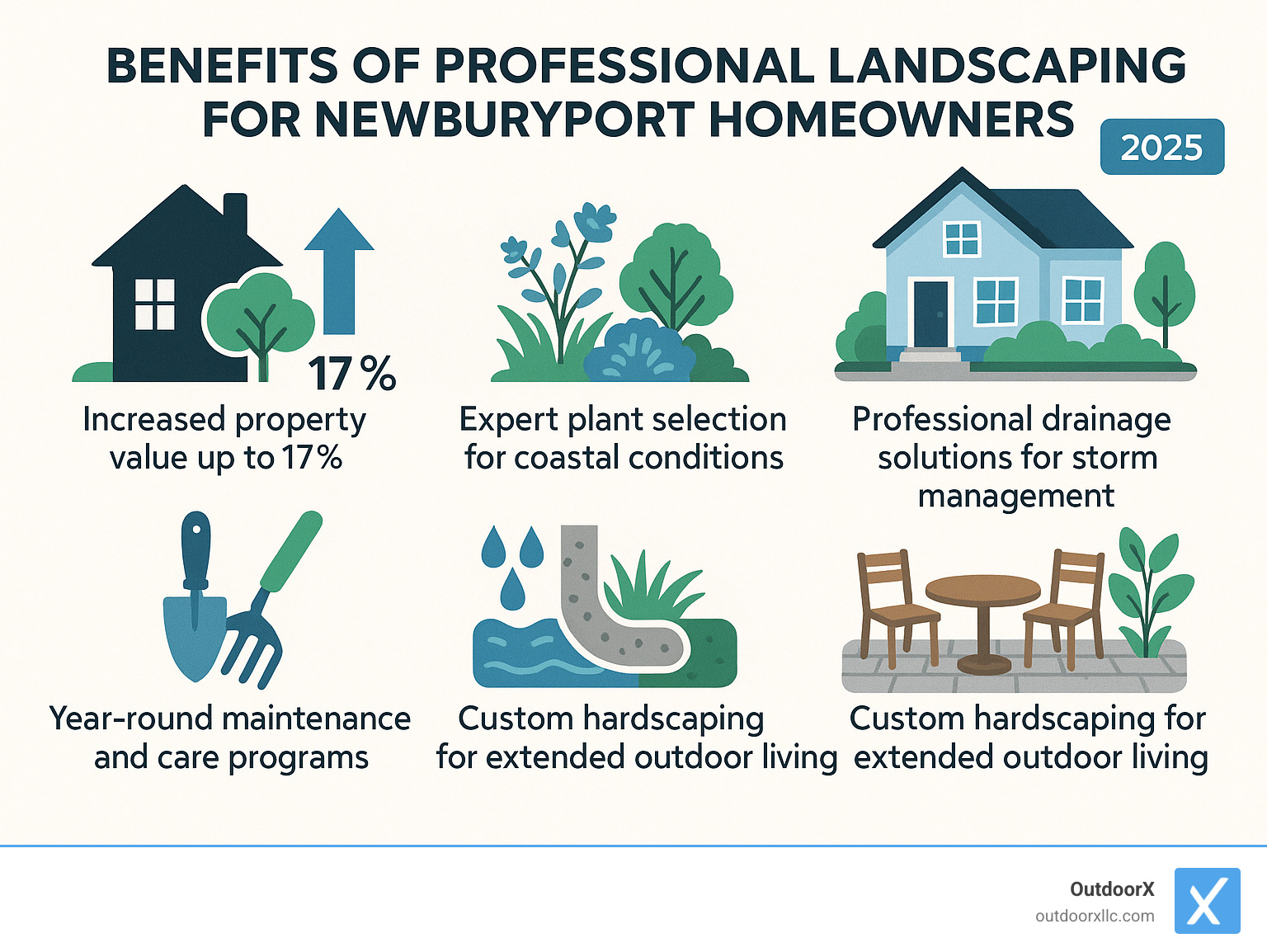 Benefits of Professional Landscaping for Newburyport Homeowners: Increased property value up to 17%, Improved curb appeal and home beauty, Expert plant selection for coastal conditions, Professional drainage solutions for storm management, Year-round maintenance and care programs, Custom hardscaping for extended outdoor living - landscaping newburyport ma infographic 
