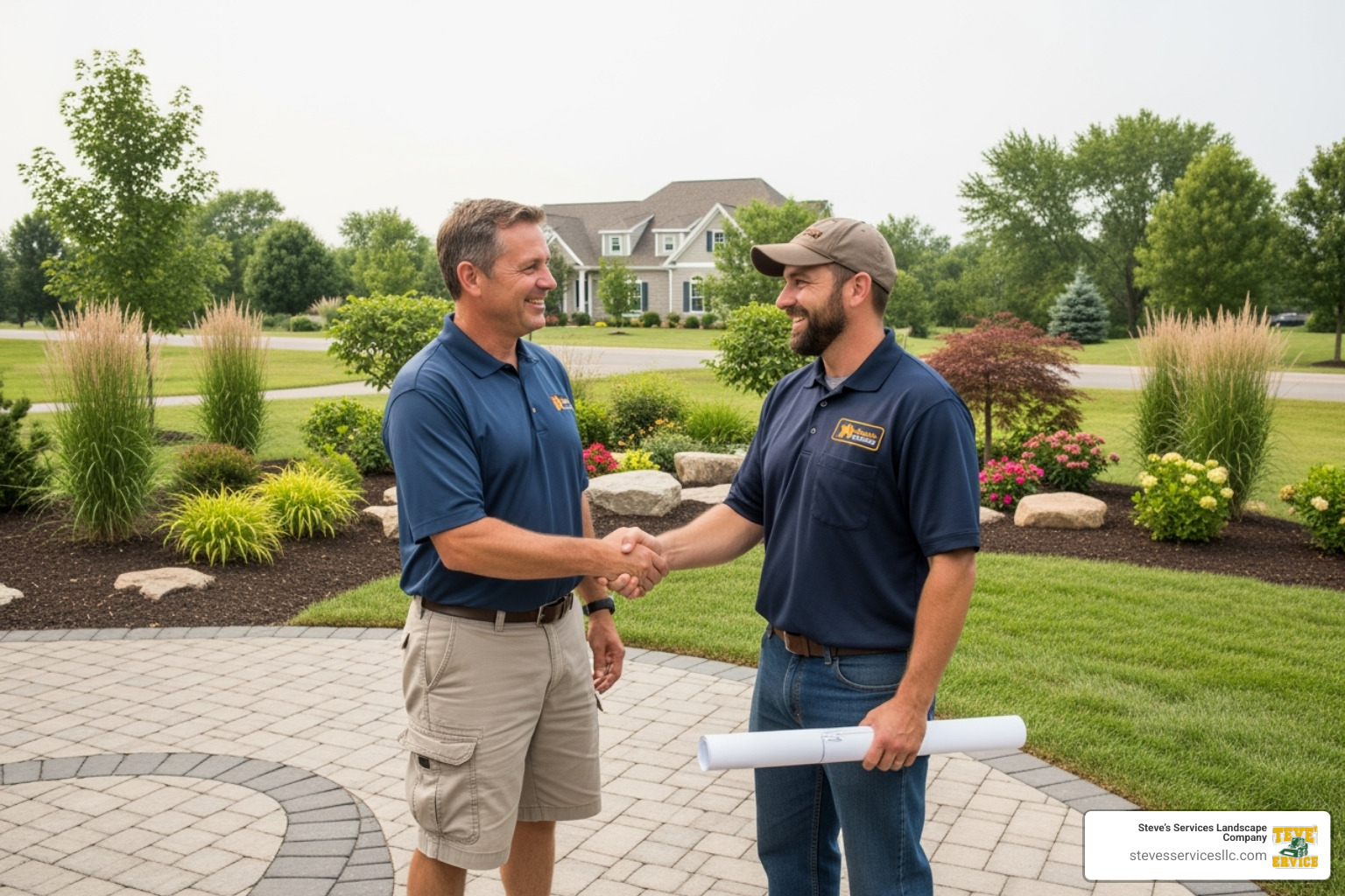 homeowner shaking hands with a professional hardscape contractor - patio hardscape near me