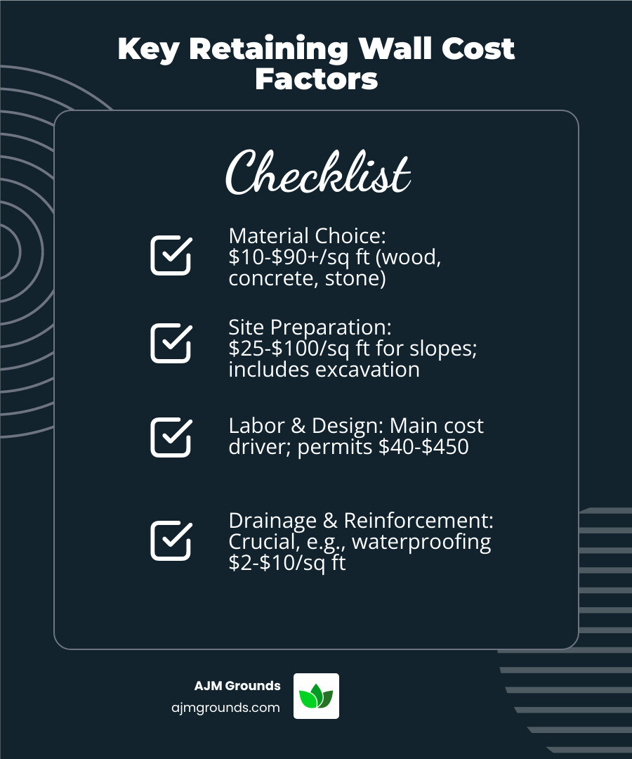 Detailed breakdown of retographic showing material costs, labor costs, site preparation costs, permit fees, and additional factors that determine total retaining wall construction cost with specific price ranges for each category - retaining wall construction cost infographic checklist-dark-blue Detailed breakdown of retographic showing material costs, labor costs, site preparation costs, permit fees, and additional factors that determine total retaining wall construction cost with specific price ranges for each category - retaining wall construction cost infographic checklist-dark-blue