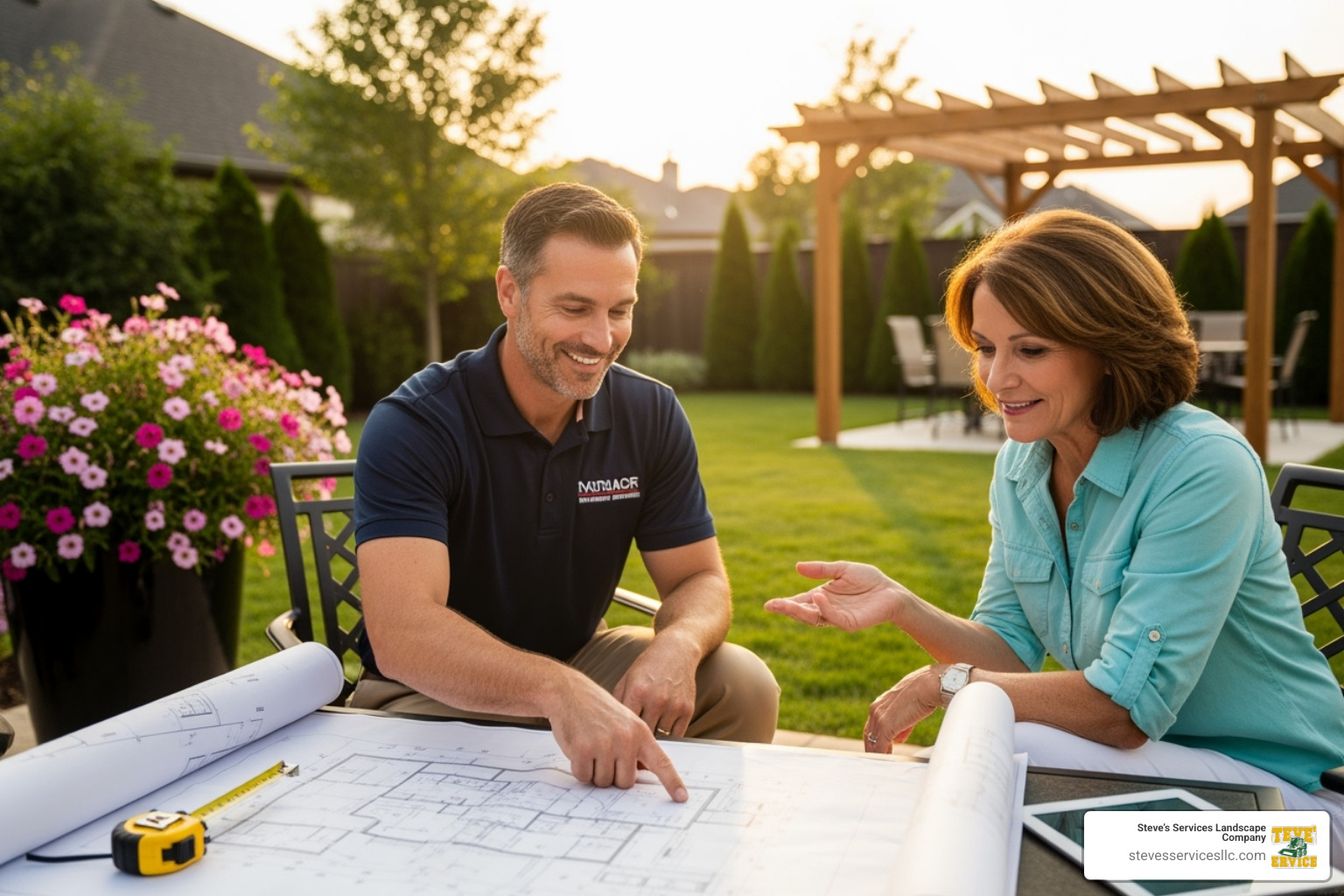 A friendly contractor discussing plans with a homeowner in their backyard. - best patio builders near me