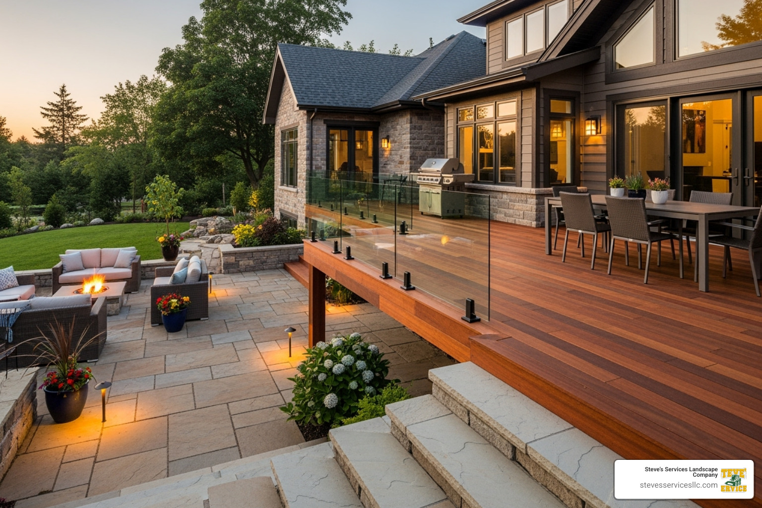 A home with both a ground-level stone patio and an liftd wooden deck to illustrate the difference. - best patio builders near me