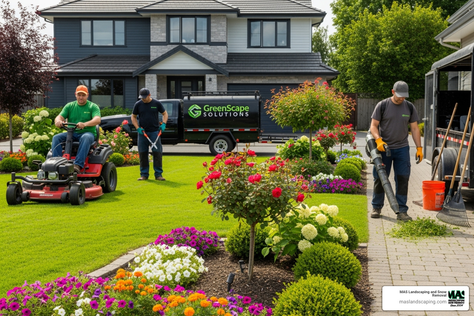A four-panel image showing the same commercial property undergoing landscape maintenance in spring, summer, fall, and winter - landscaping maintenance services