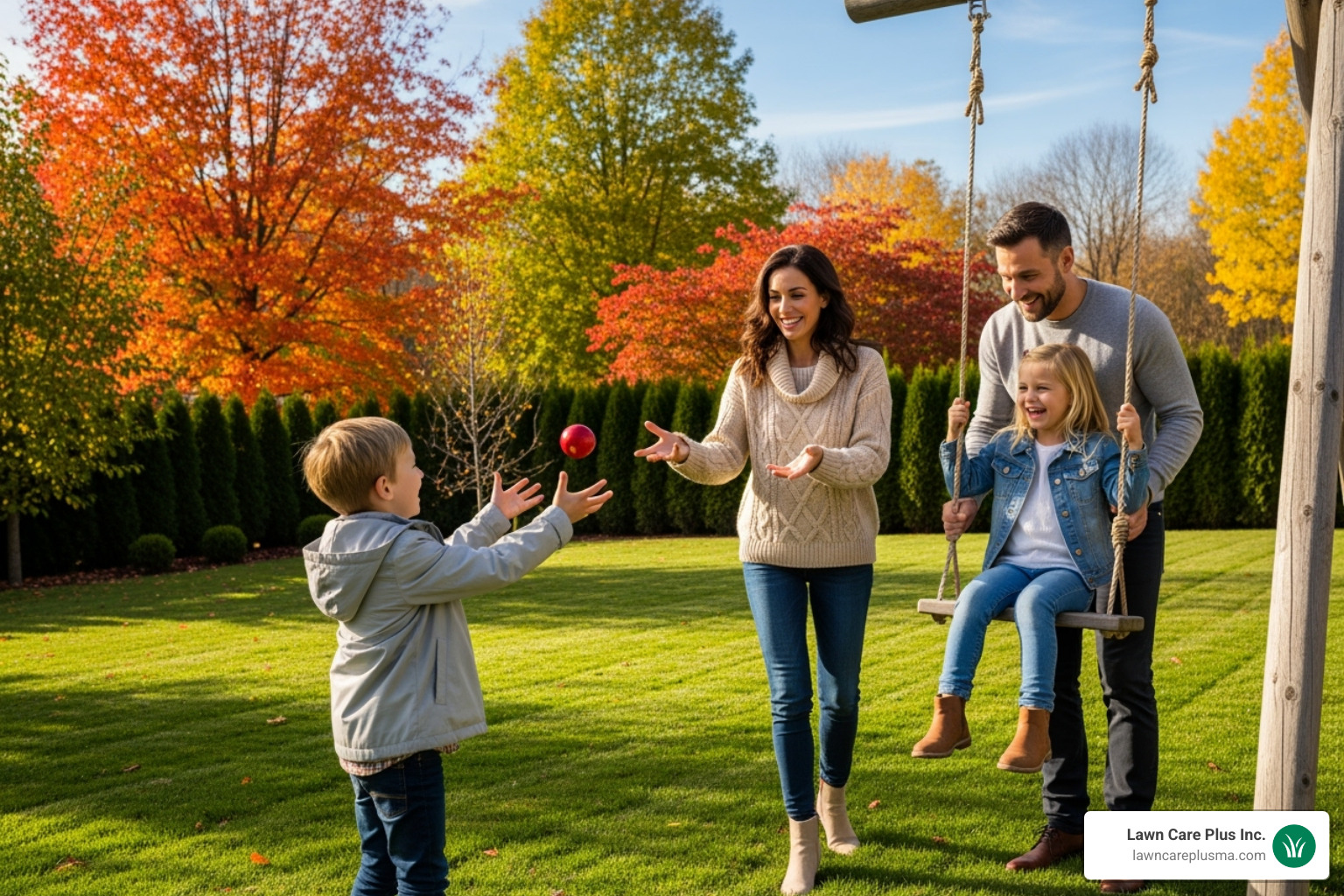 a happy family enjoying their clean, beautiful yard in the fall - lawn leaf clean up