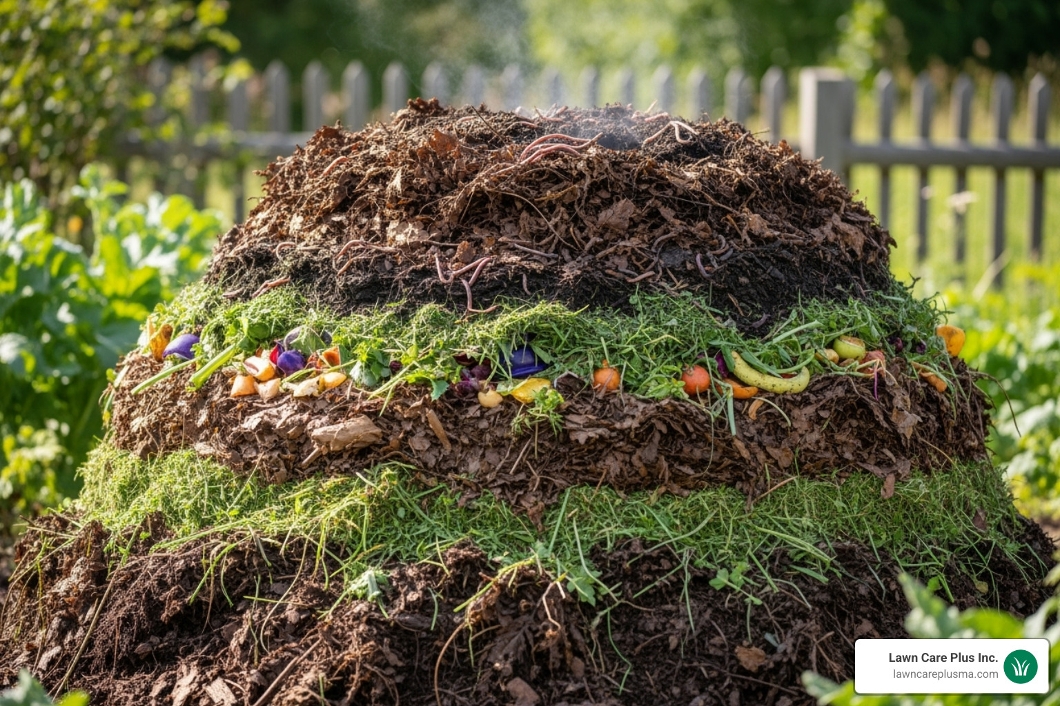 a neat compost pile with layers of leaves and green material - lawn leaf clean up