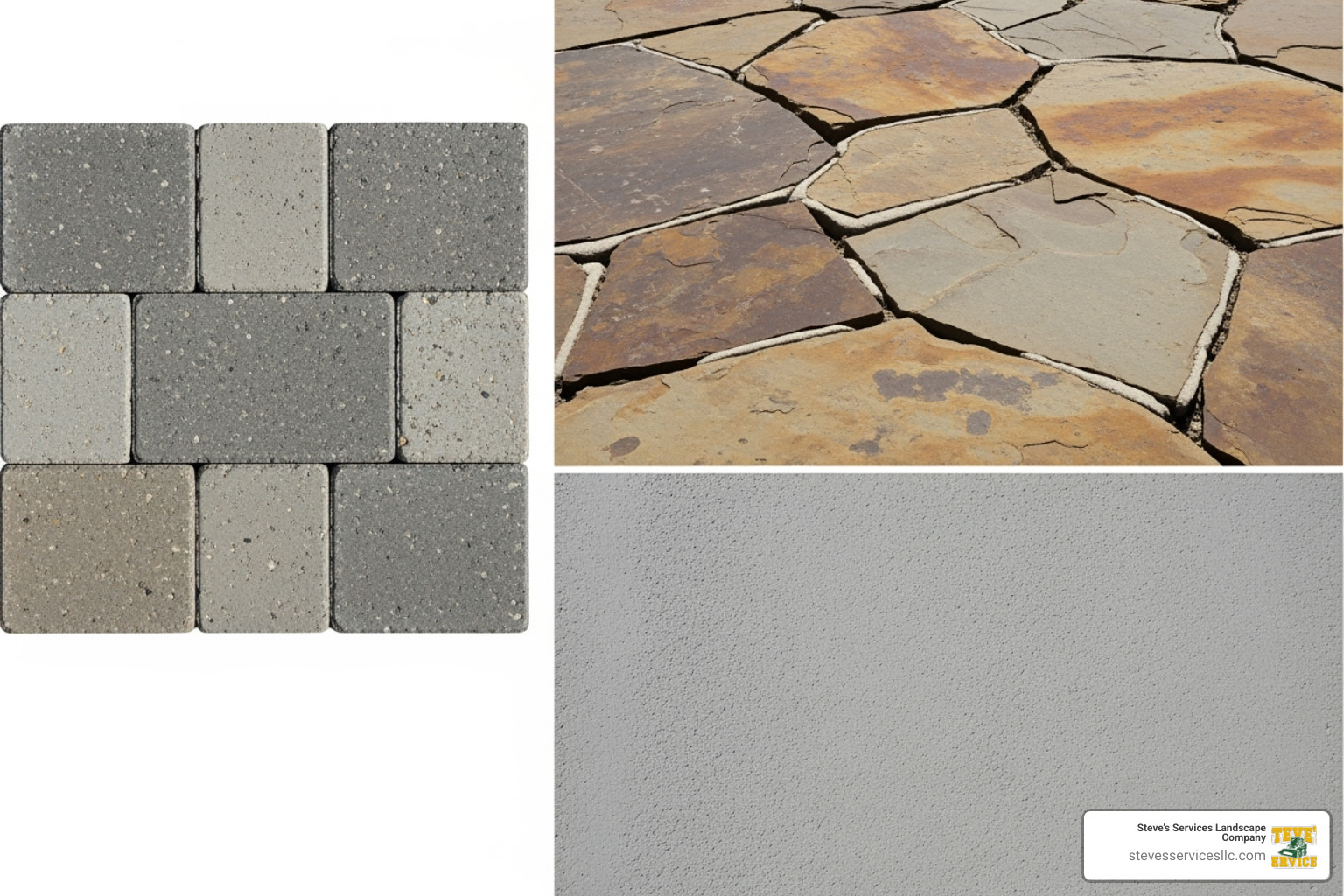 A collage showing different patio materials like concrete pavers, natural flagstone, and poured concrete. - best patio builders near me