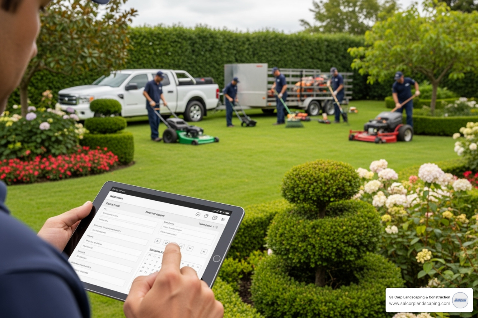 Detailed digital job record showing before/after photos, material list, and client notes - landscape maintenance job record and scheduling